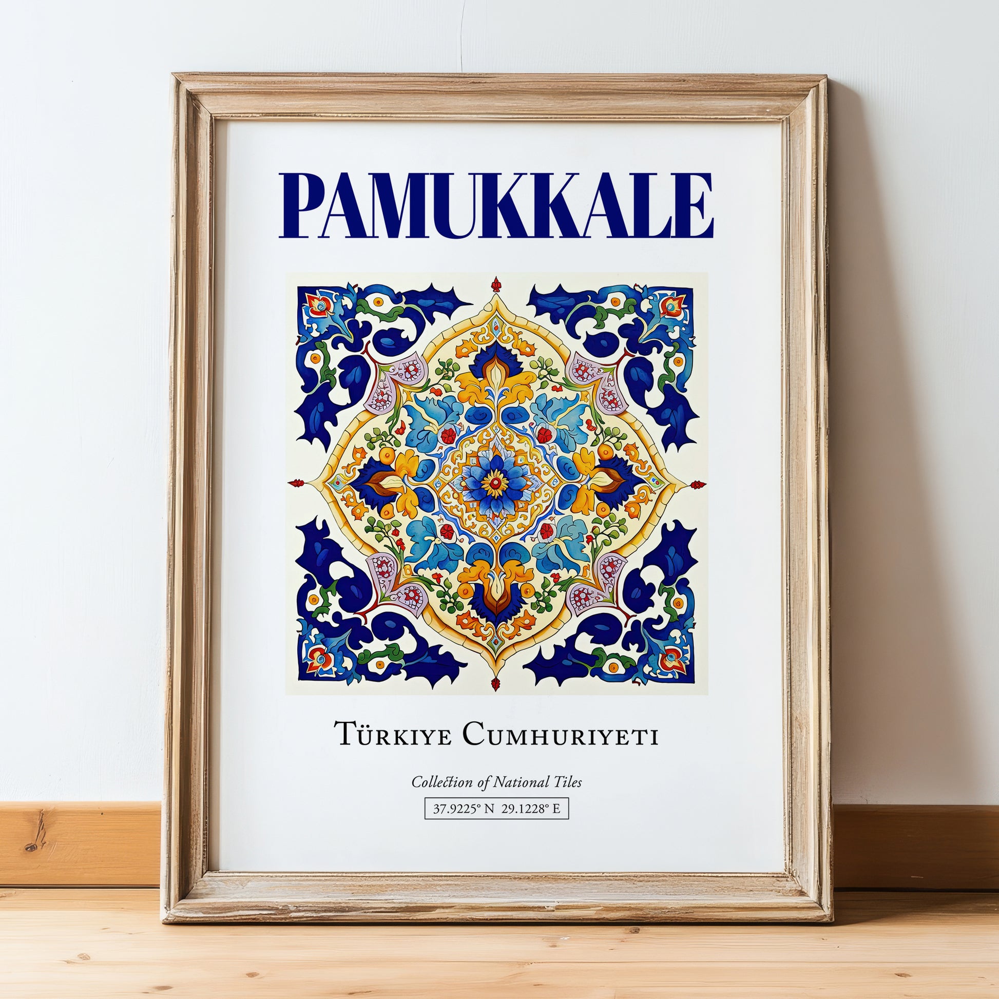 Pamukkale, Turkey – Illustrated Travel Poster, in wooden frame leaning on the floor