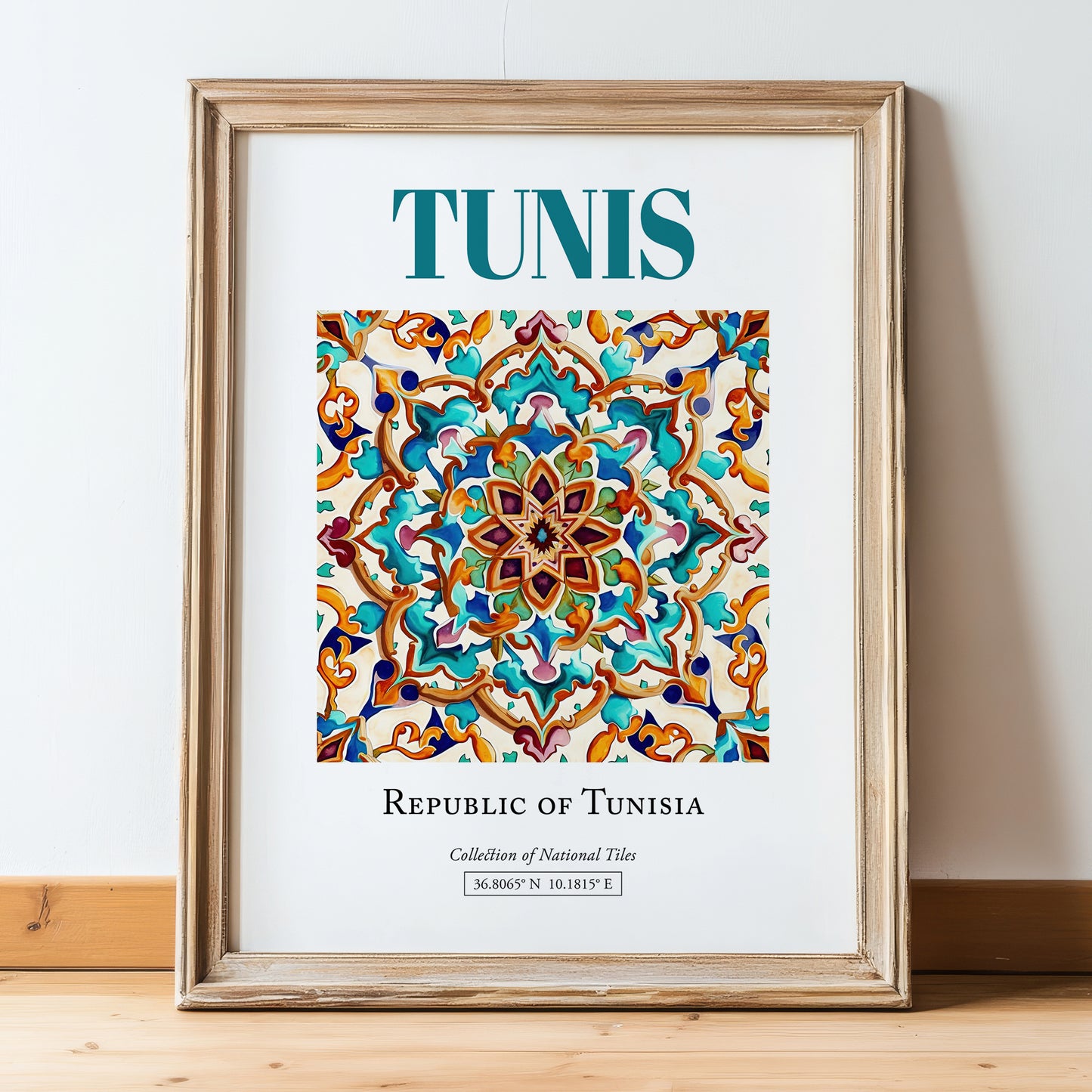 Tunis, Tunisia – Travel Print, in wooden frame leaning on the floor