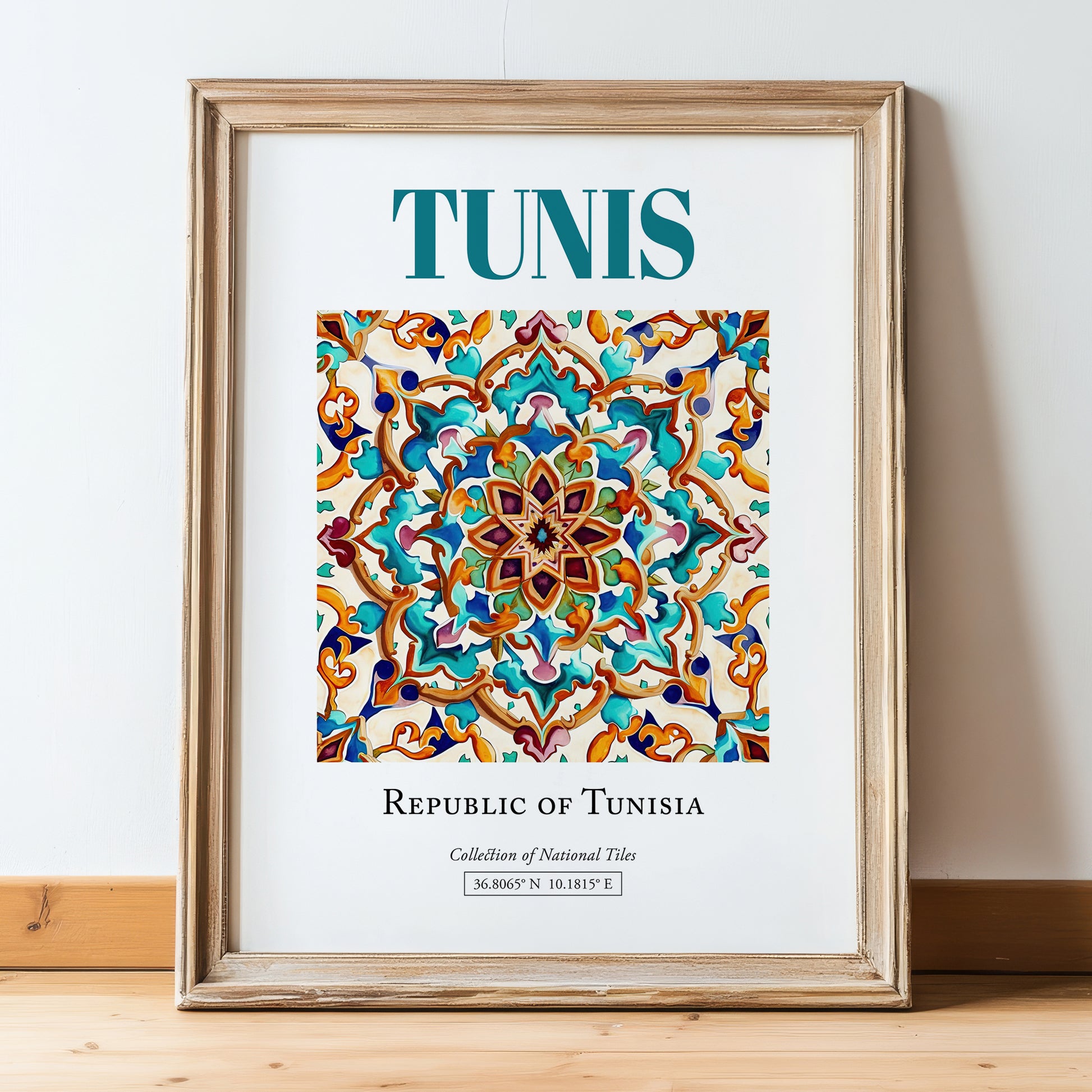 Tunis, Tunisia – Travel Print, in wooden frame leaning on the floor