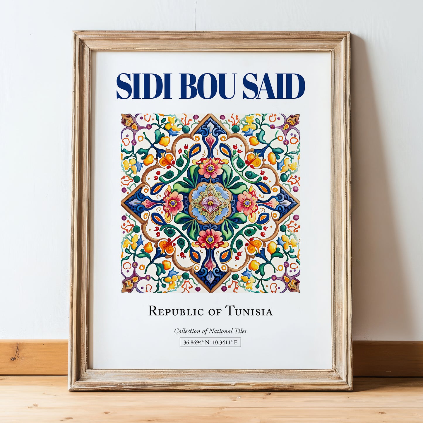 Sidi Bou Said, Tunisia – Vintage Travel Poster, in wooden frame leaning on the floor