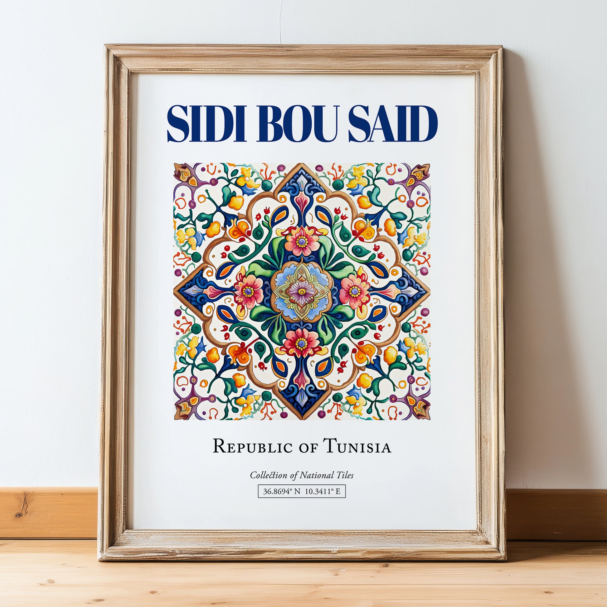 Sidi Bou Said, Tunisia – Vintage Travel Poster, in wooden frame leaning on the floor