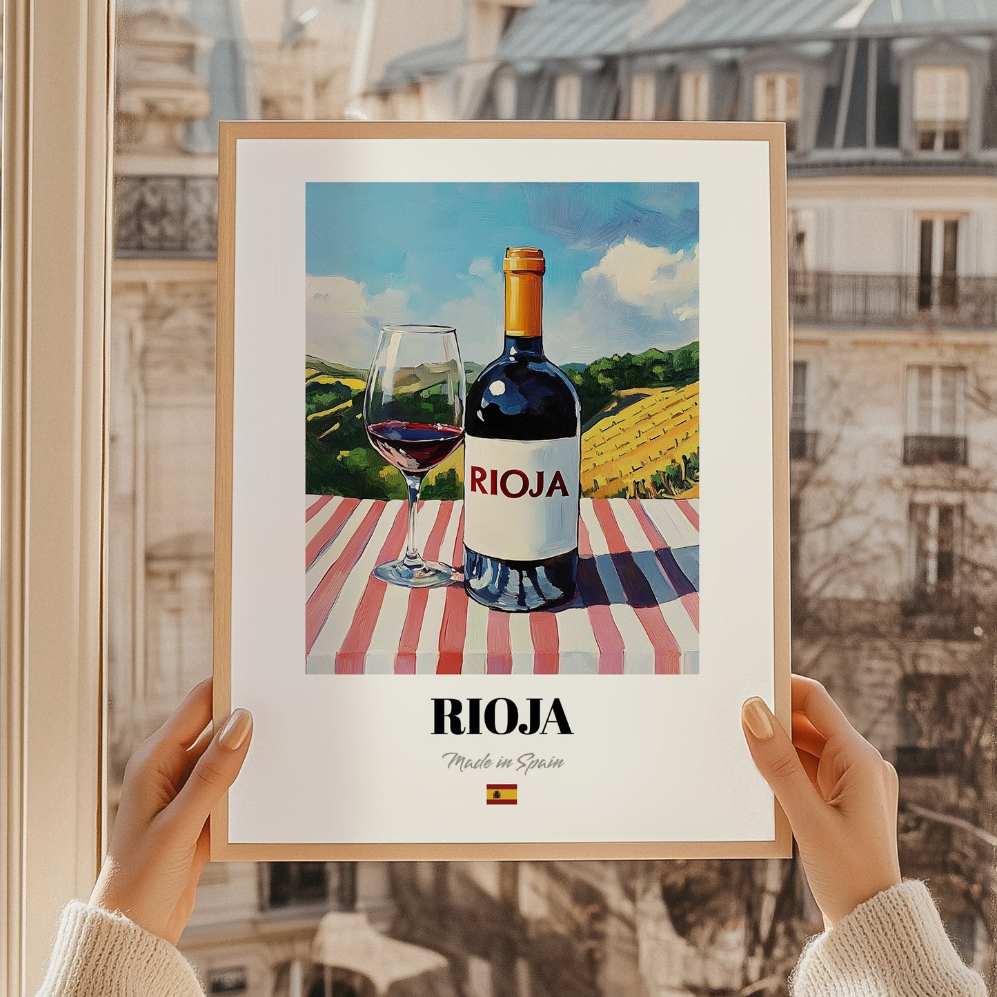 Rioja – Spanish Red Wine, Wine Bar Poster, styled in a charming Paris street view