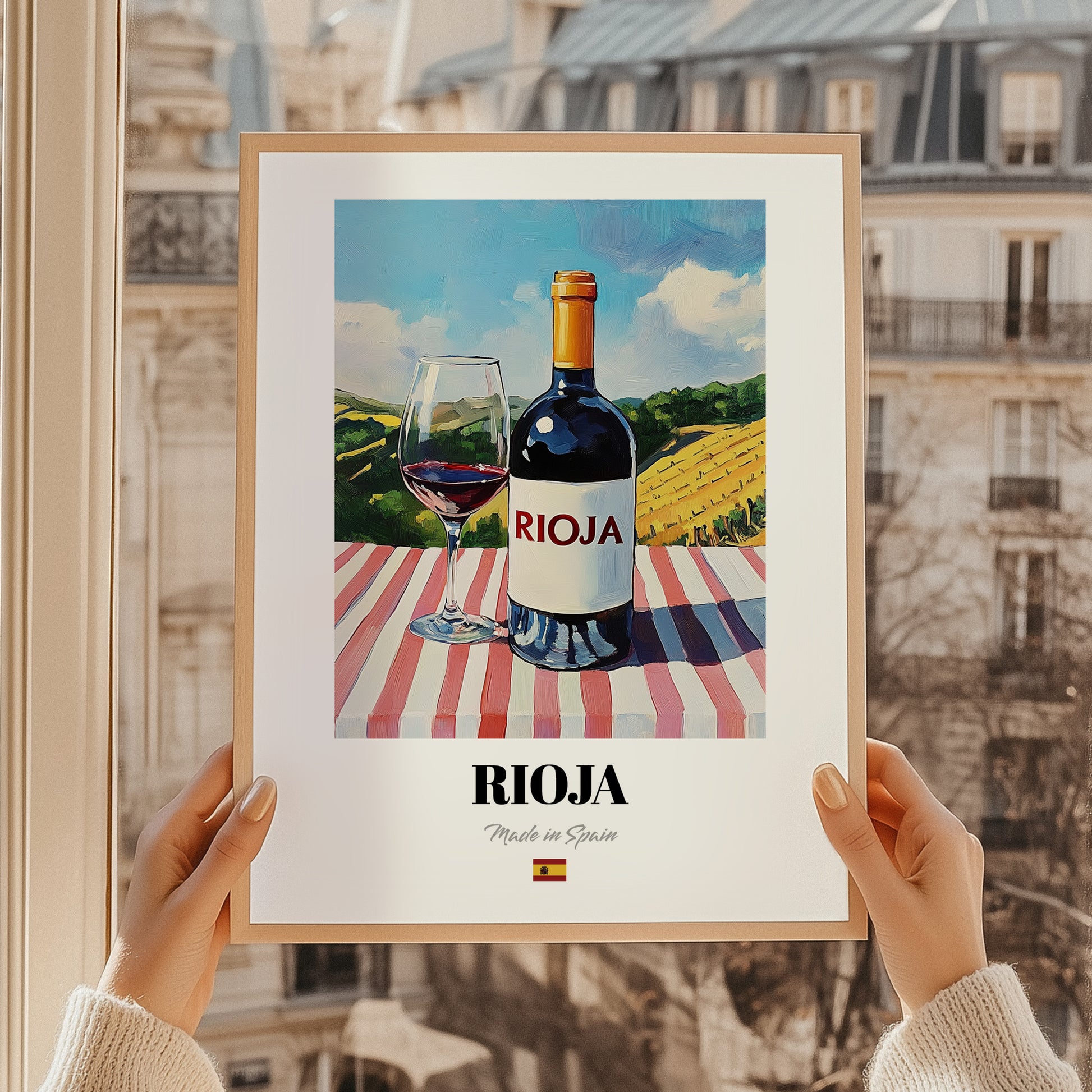 Rioja – Spanish Red Wine, Wine Bar Poster, styled in a charming Paris street view