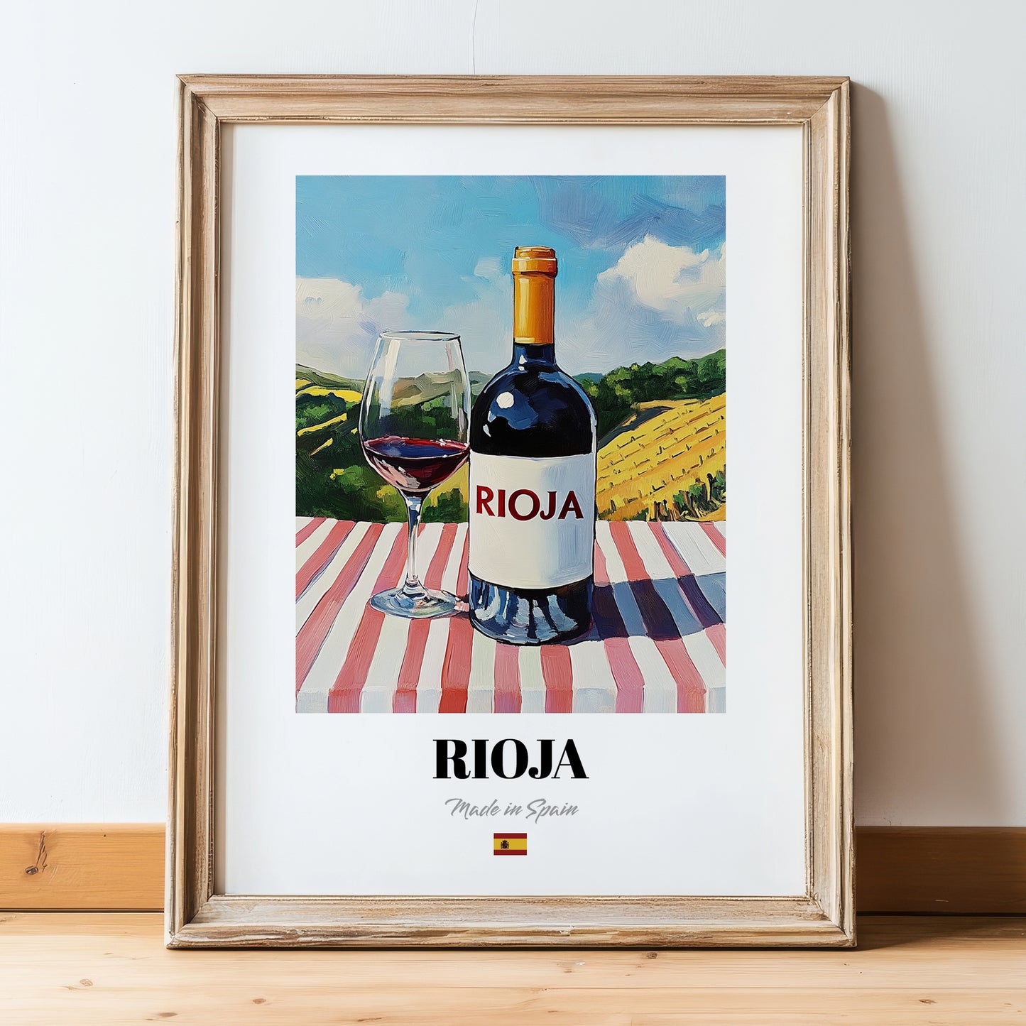 Rioja – Spanish Red Wine, Wine Bar Poster, in wooden frame leaning on the floor