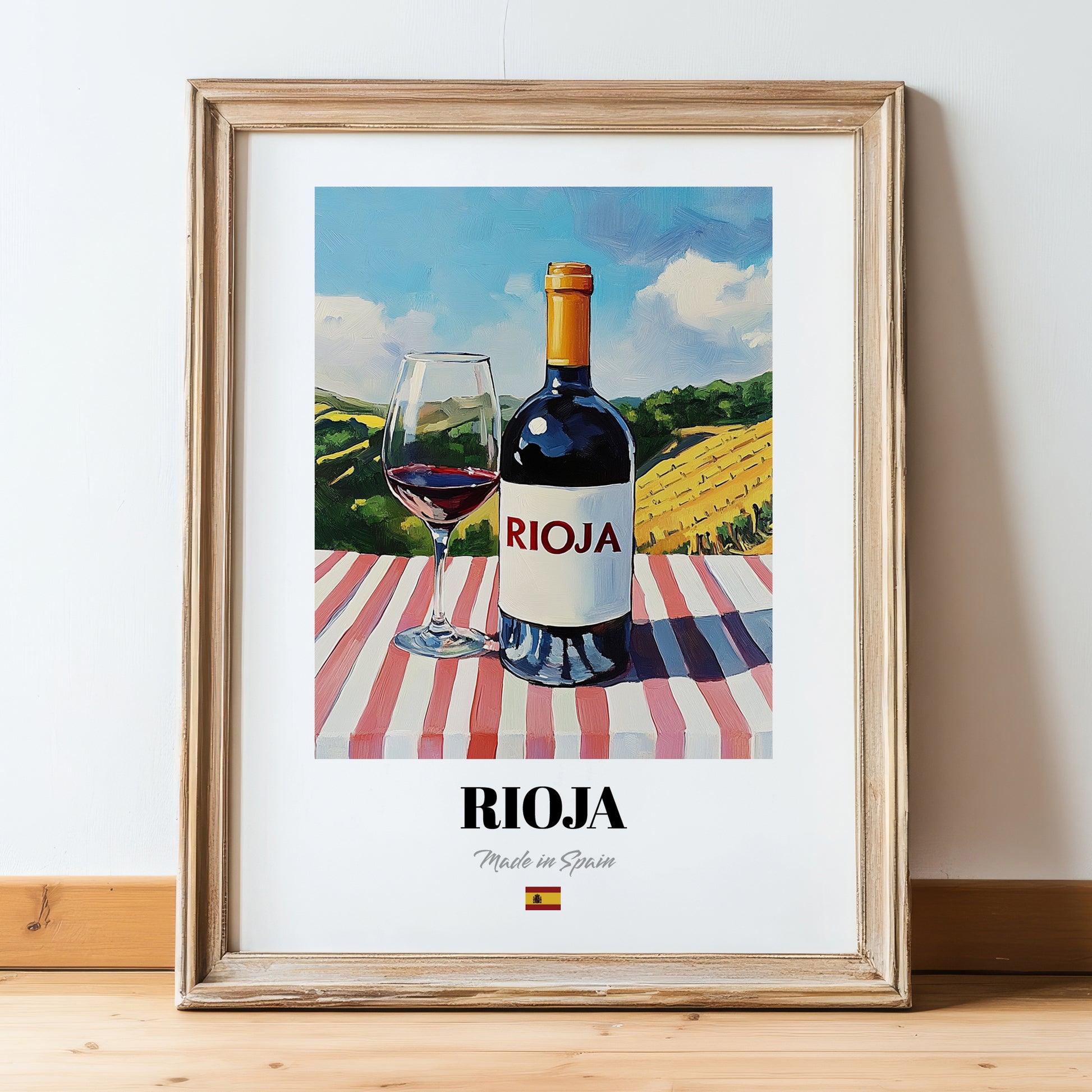 Rioja – Spanish Red Wine, Wine Bar Poster, in wooden frame leaning on the floor