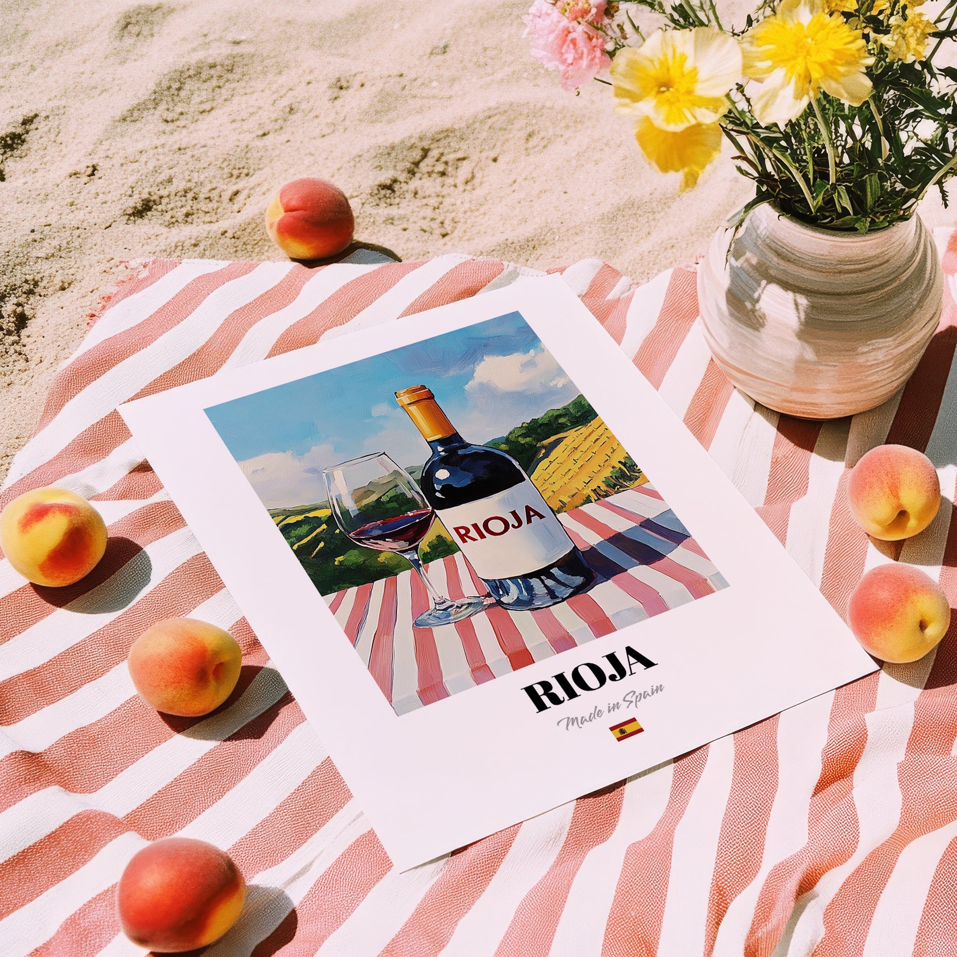 Rioja – Spanish Red Wine, Wine Bar Poster, unframed on coastal sand