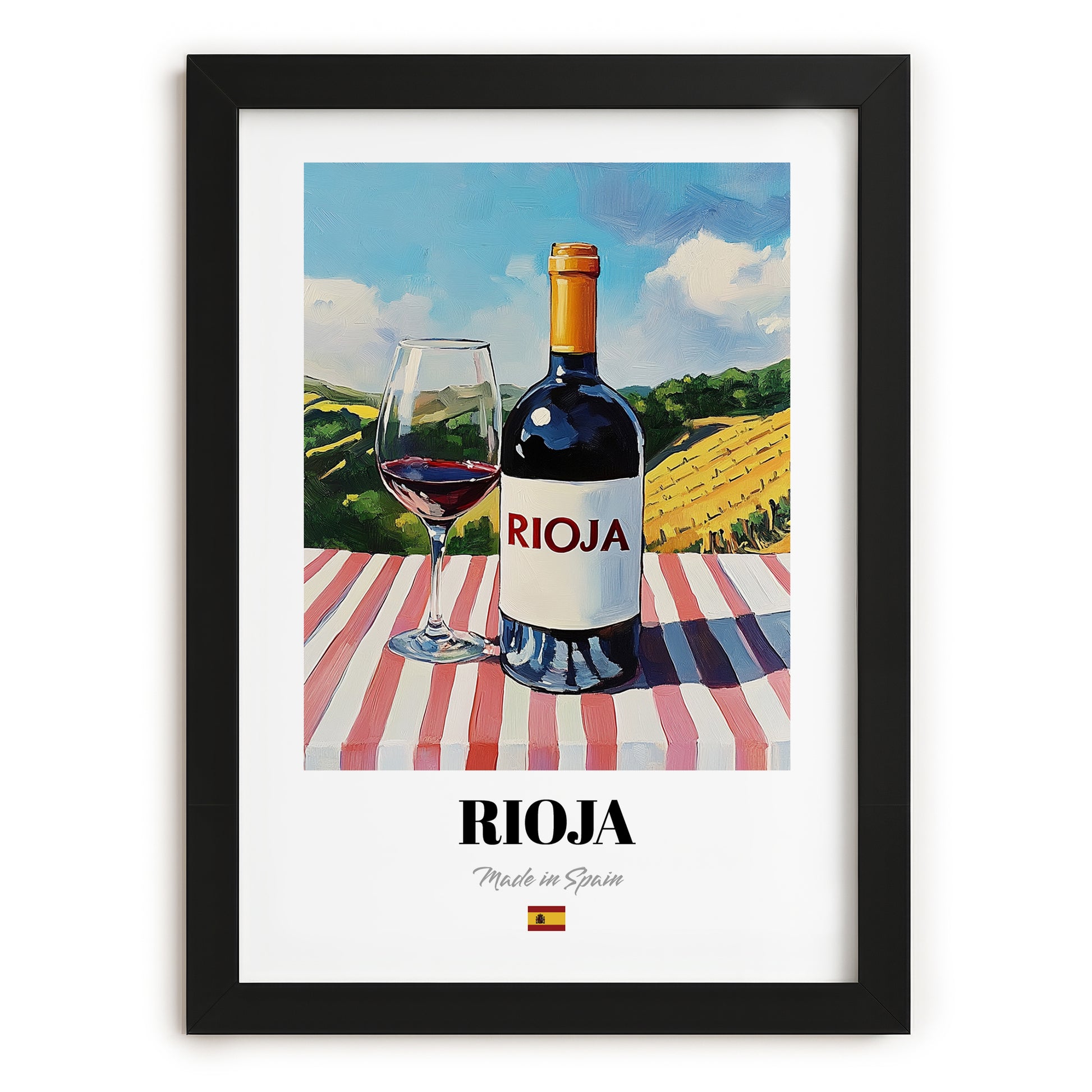 Rioja – Spanish Red Wine, Wine Bar Poster, in sleek black frame