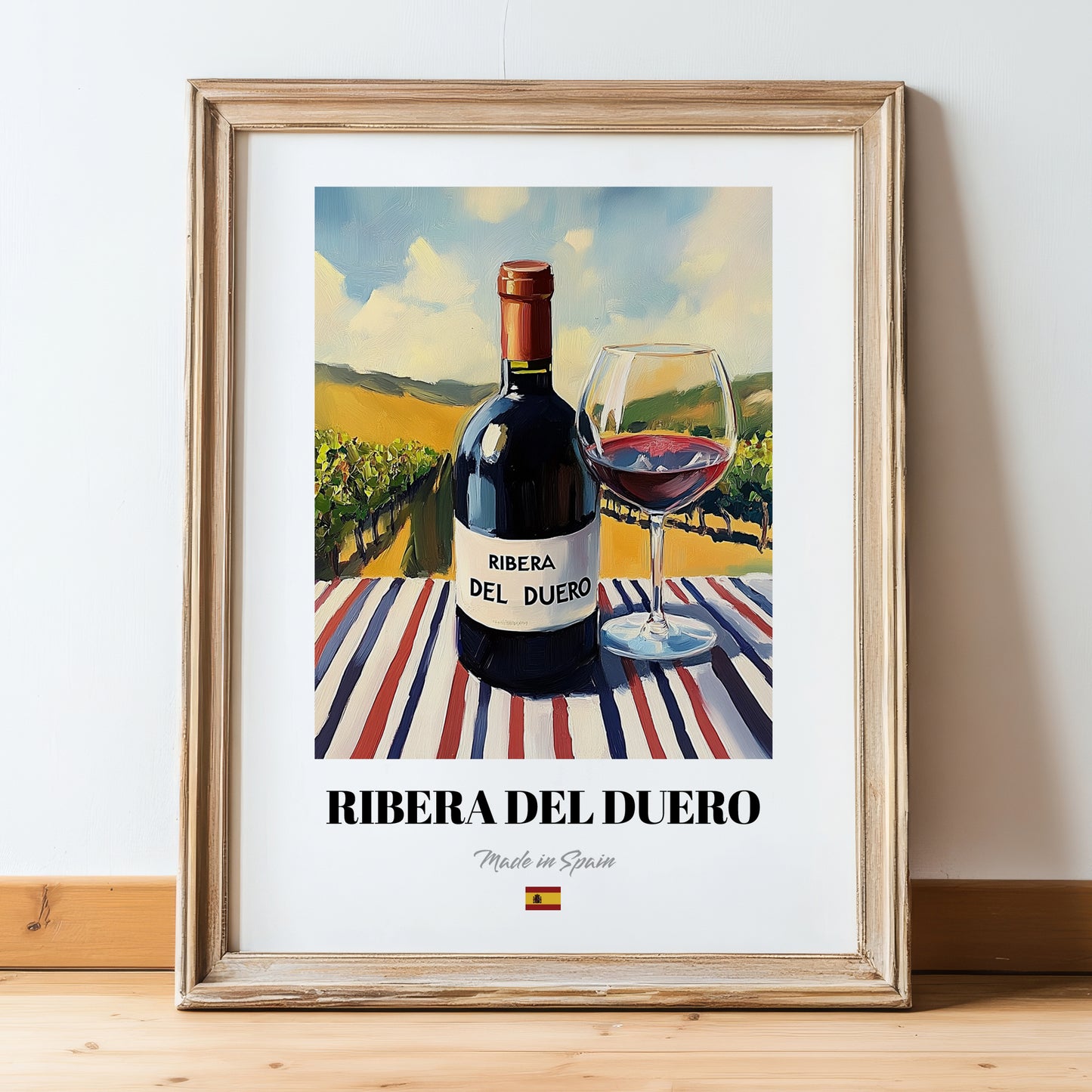 Ribera del Duero – Spanish Red Wine, Tasting Room Print, in wooden frame leaning on the floor