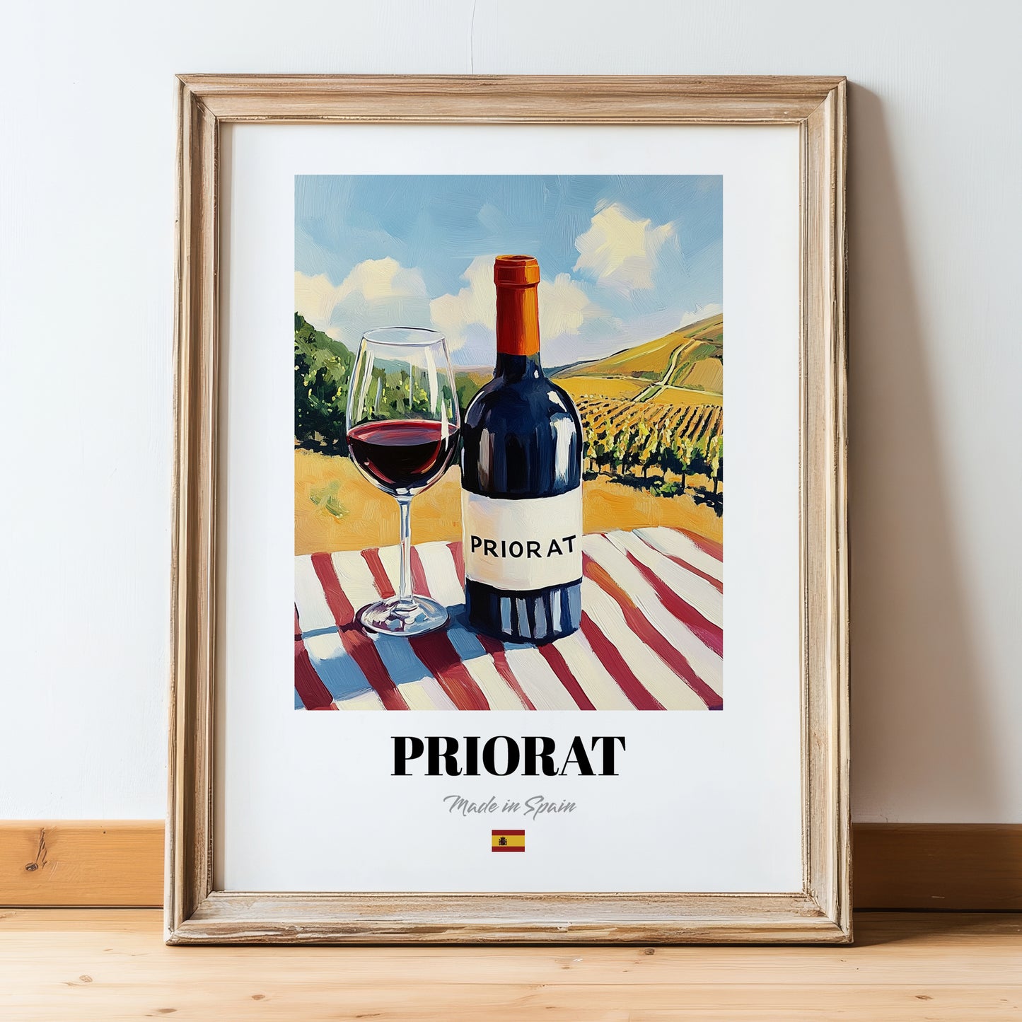 Priorat – Spanish Red Wine, Vinoteca Print, in wooden frame leaning on the floor