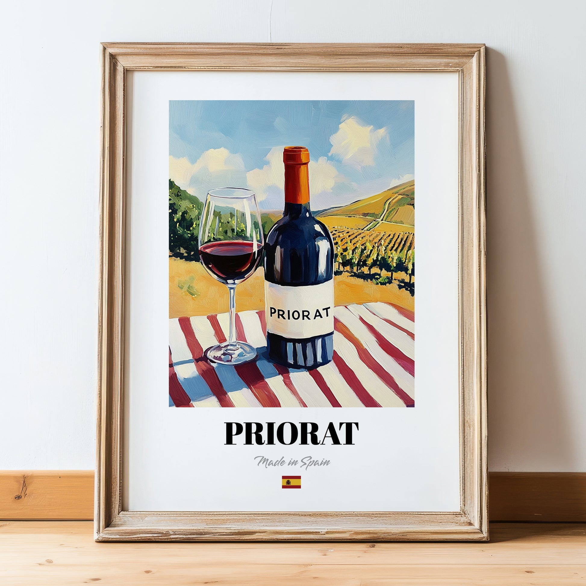 Priorat – Spanish Red Wine, Vinoteca Print, in wooden frame leaning on the floor