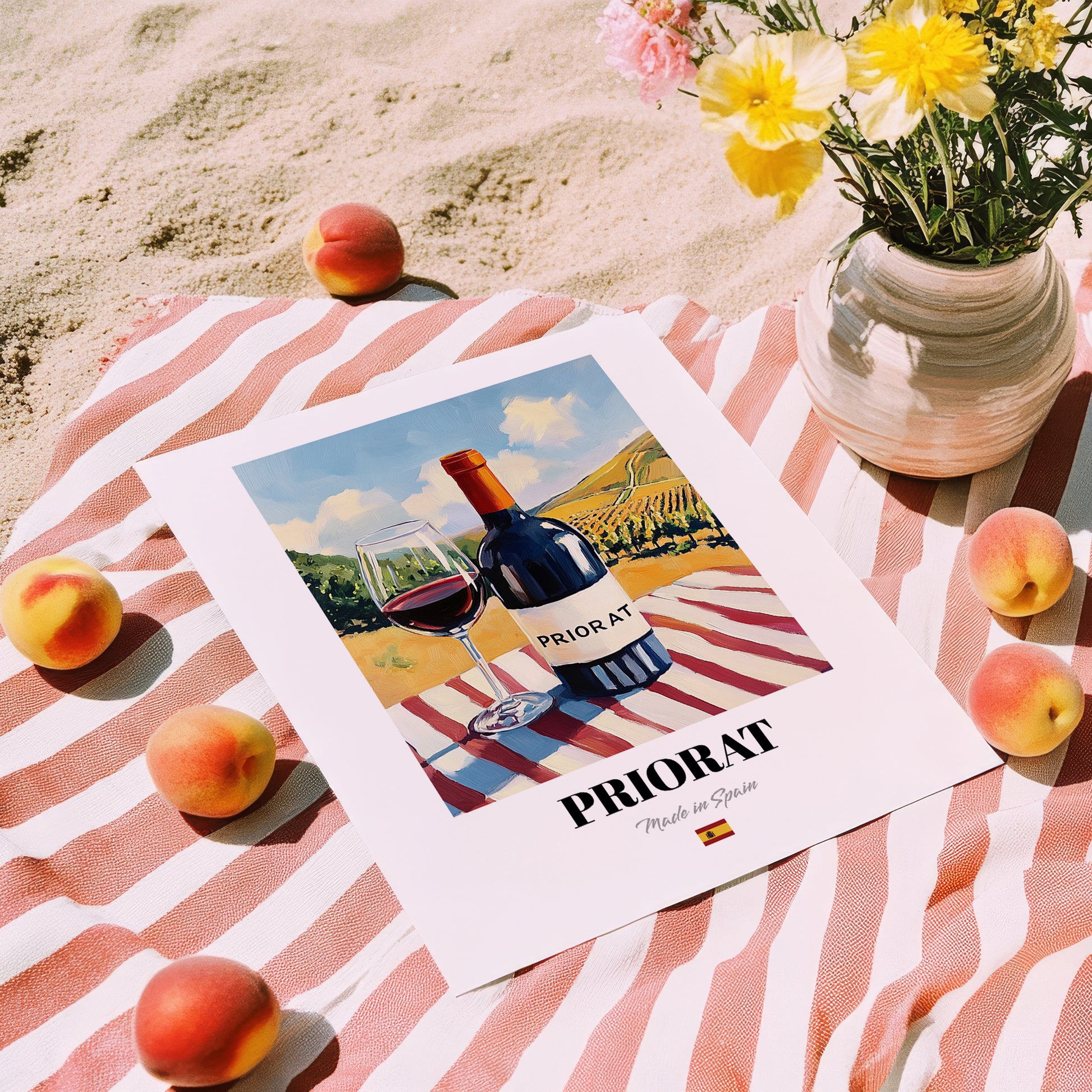 Priorat – Spanish Red Wine, Vinoteca Print, unframed on coastal sand