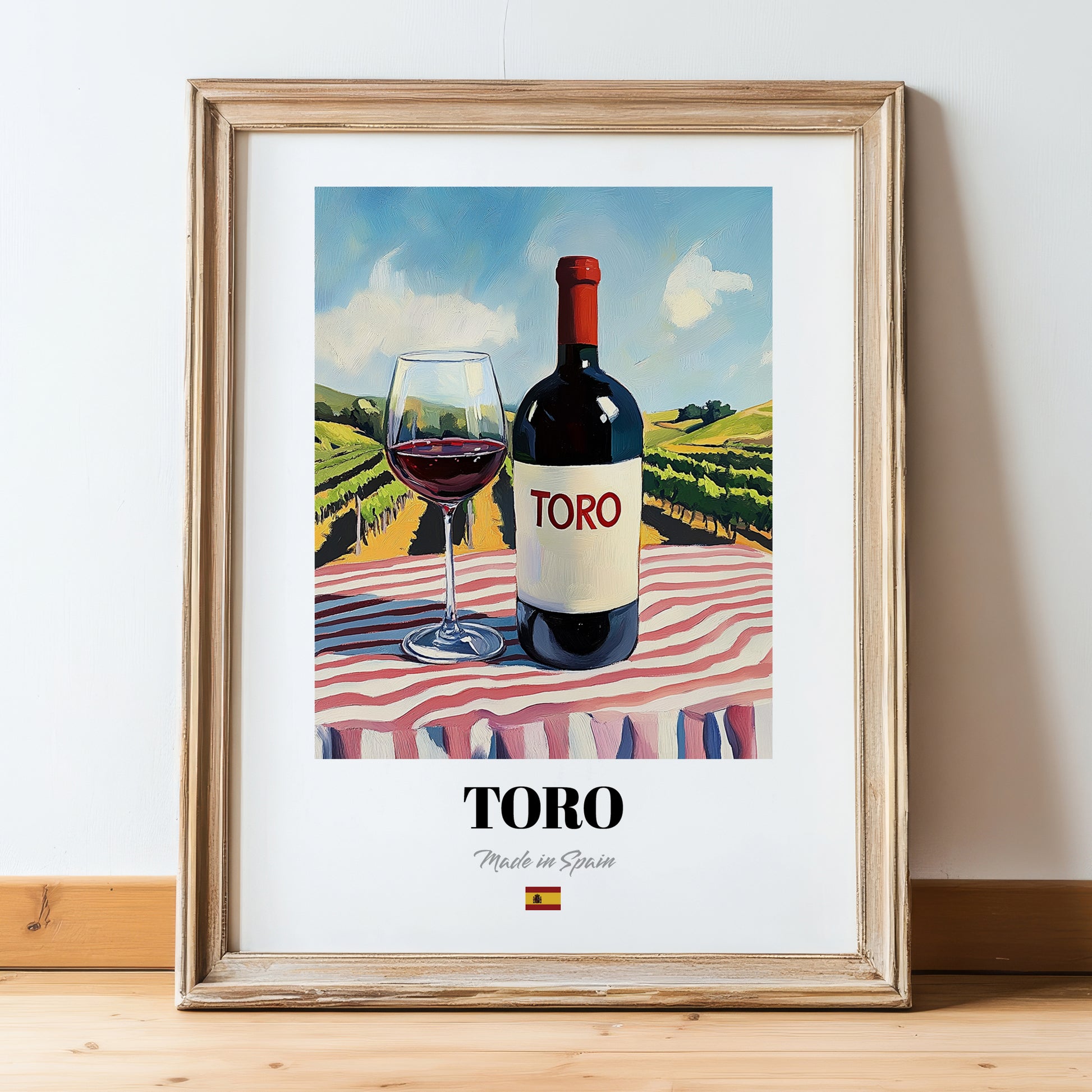 Toro – Spanish Red Wine, Vinoteca Poster, in wooden frame leaning on the floor