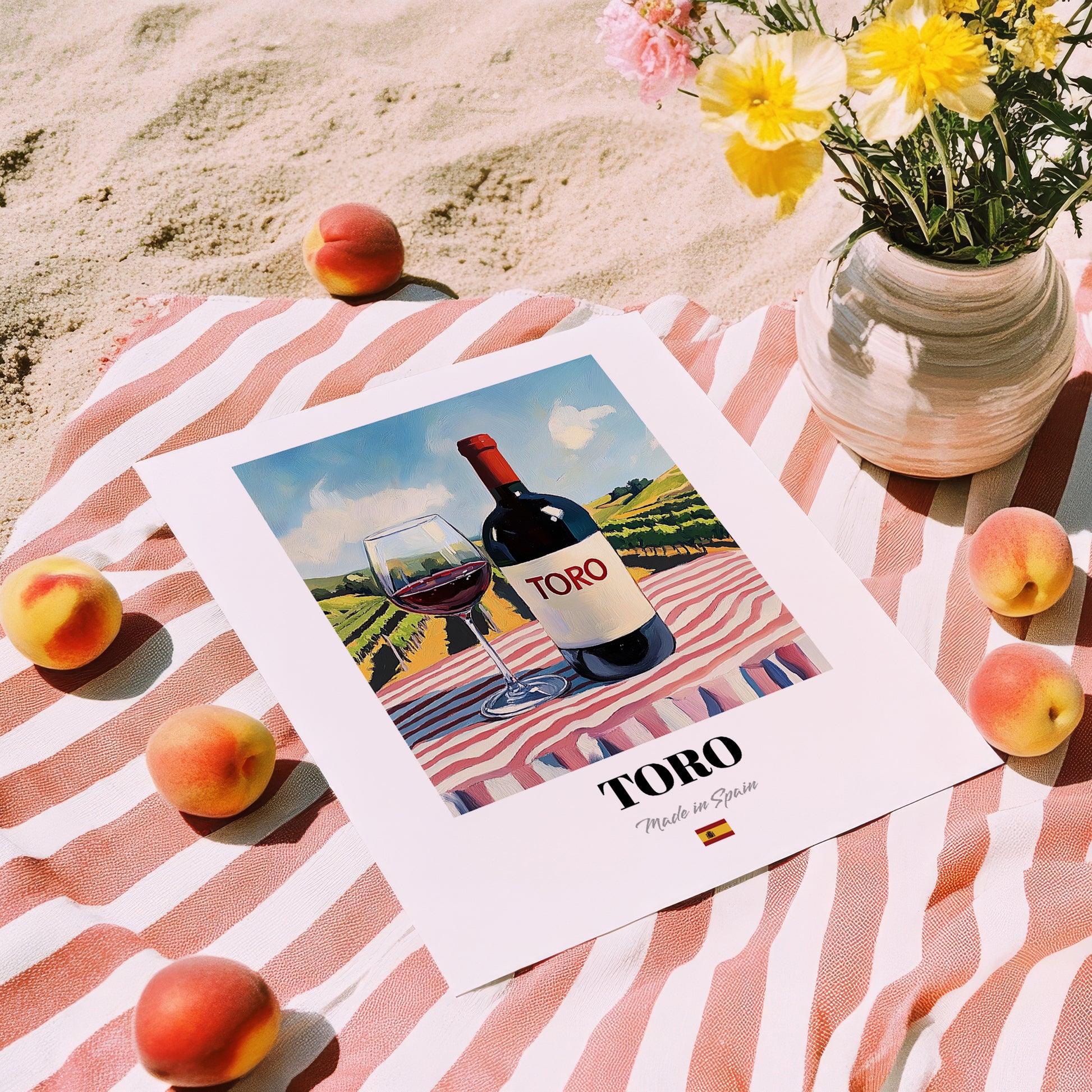 Toro – Spanish Red Wine, Vinoteca Poster, unframed on coastal sand