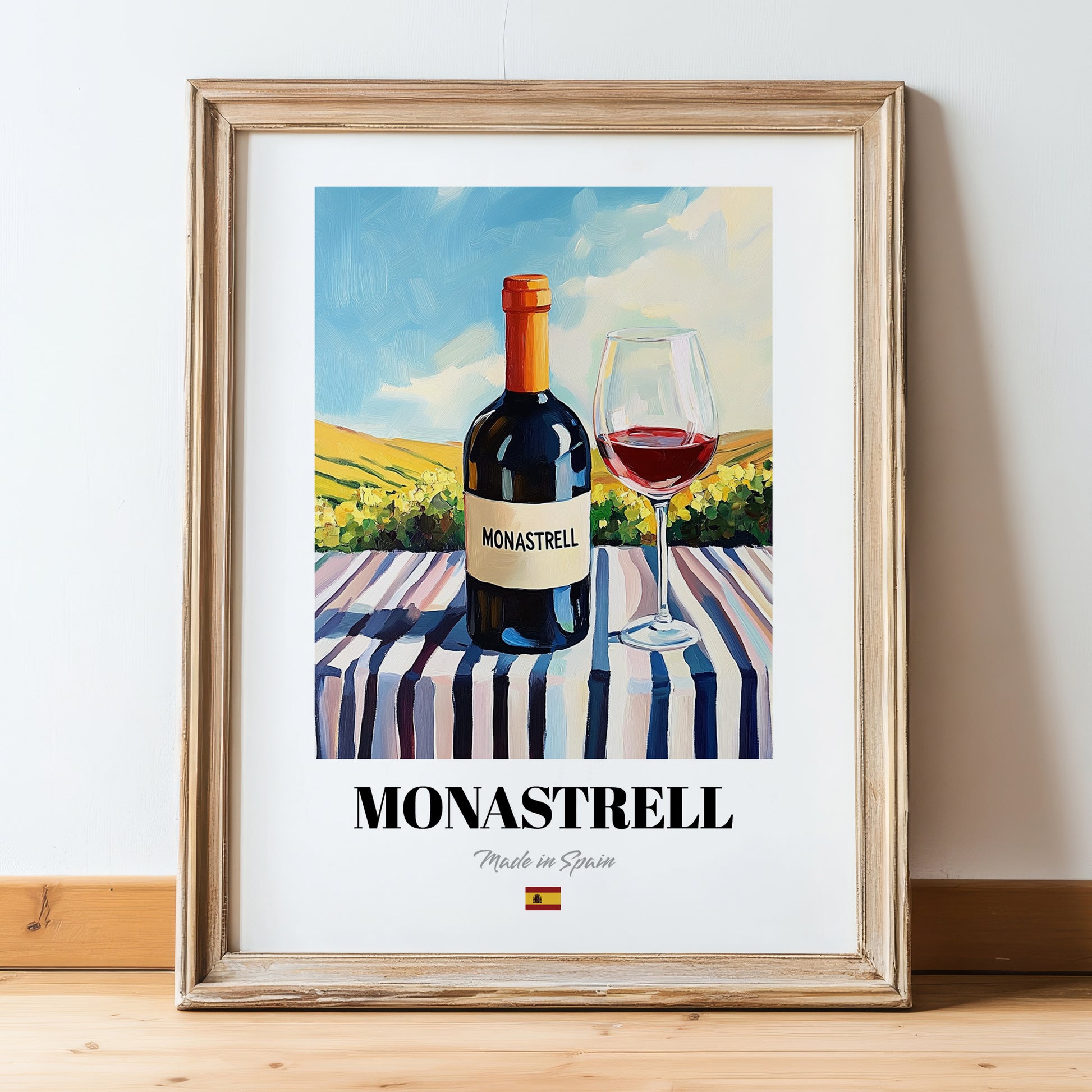 Monastrell – Spanish Red Wine, Vinoteca Painting, in wooden frame leaning on the floor