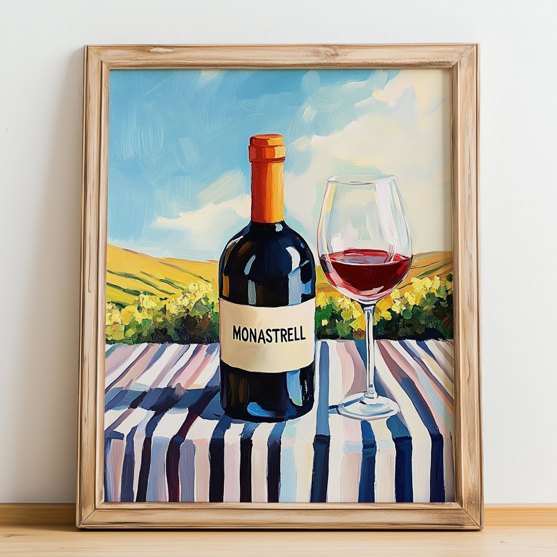 Monastrell – Spanish Red Wine, Vinoteca Painting, no-text version framed in wood