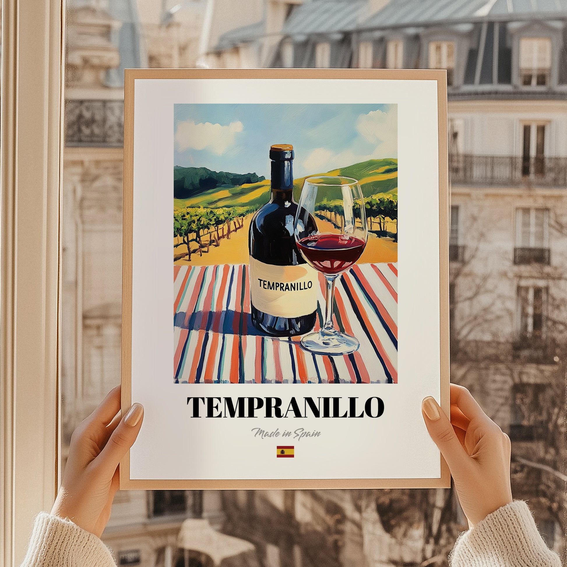Tempranillo – Spanish Red Wine, Wine Bar Art, styled in a charming Paris street view
