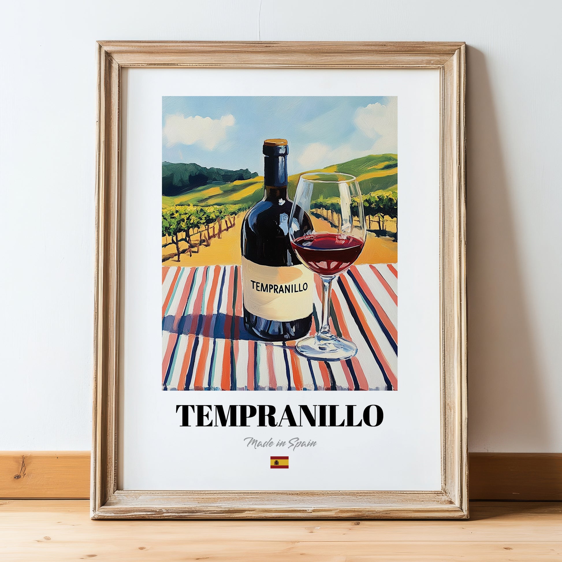 Tempranillo – Spanish Red Wine, Wine Bar Art, in wooden frame leaning on the floor