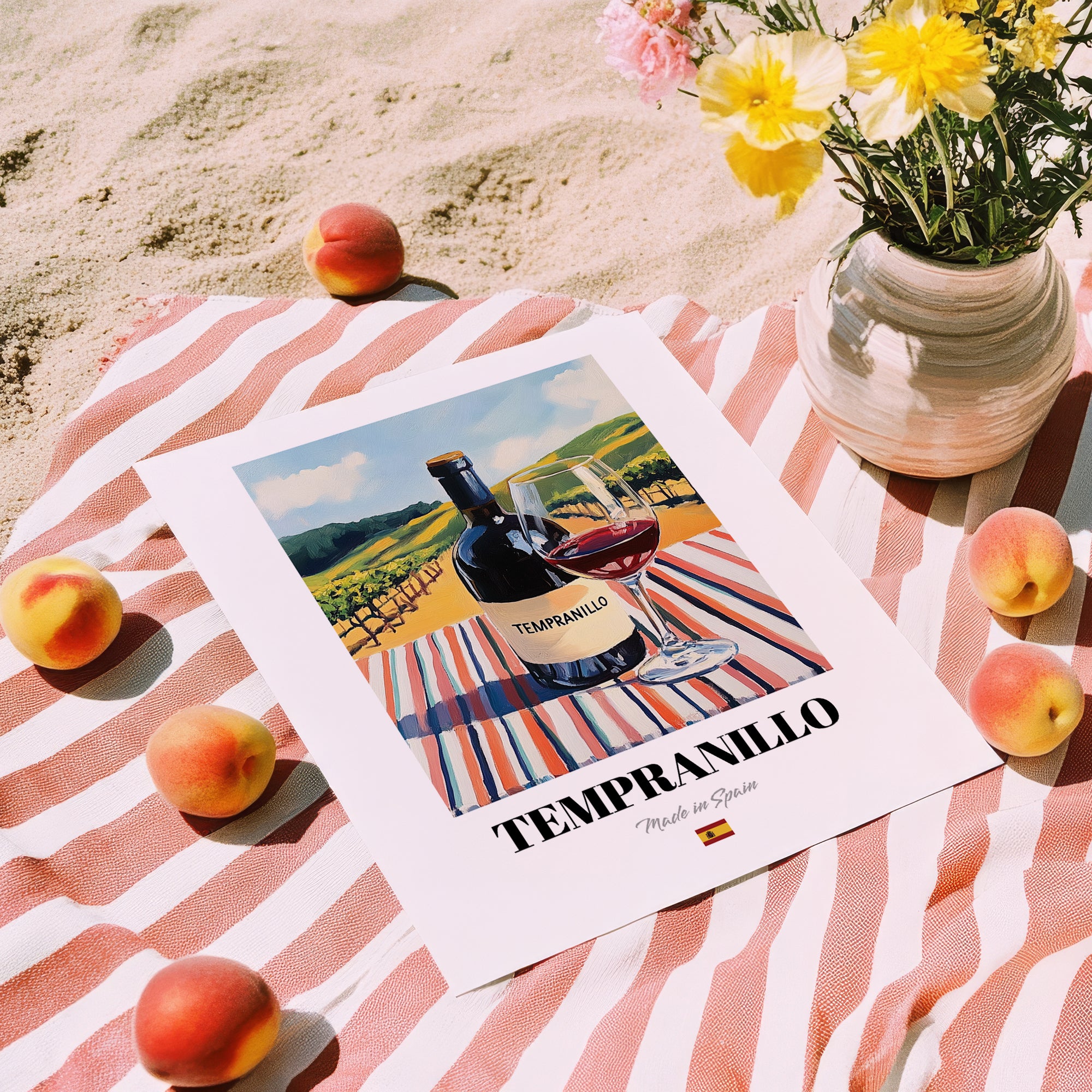 Tempranillo – Spanish Red Wine, Wine Bar Art, unframed on coastal sand