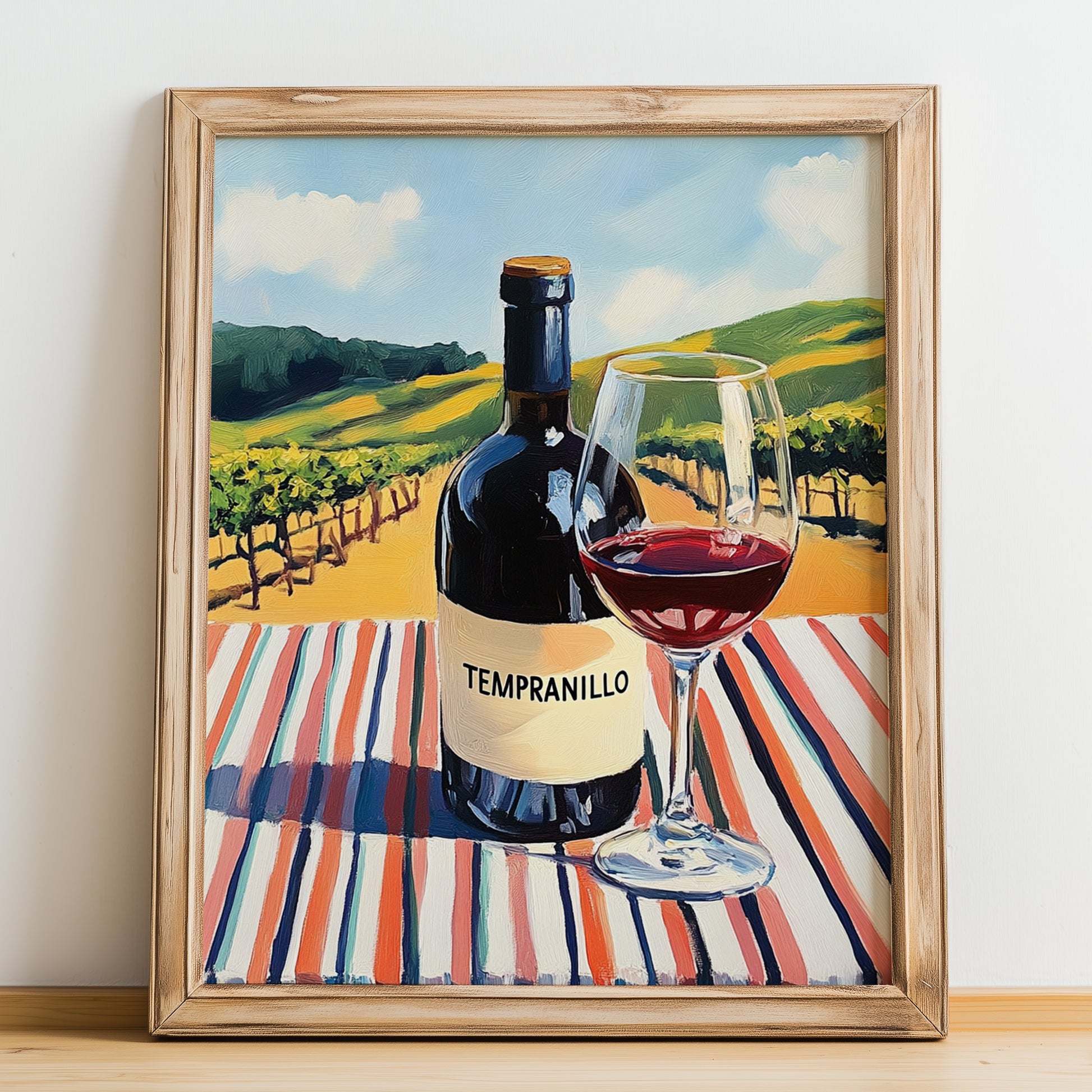 Tempranillo – Spanish Red Wine, Wine Bar Art, no-text version framed in wood