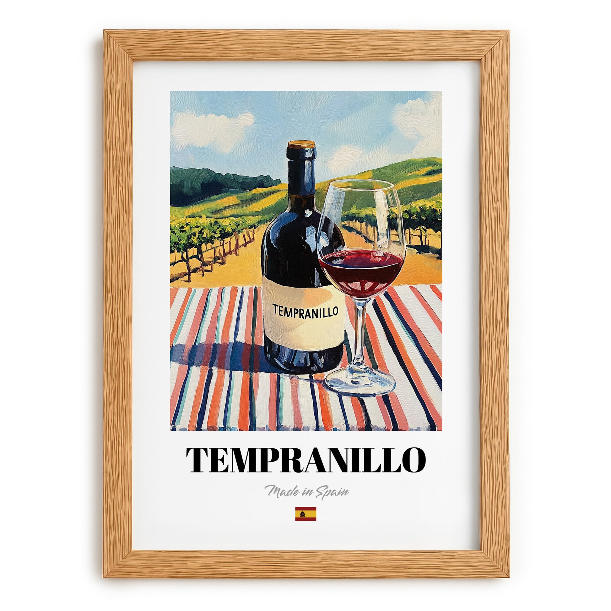 Tempranillo – Spanish Red Wine, Wine Bar Art, set in oak frame
