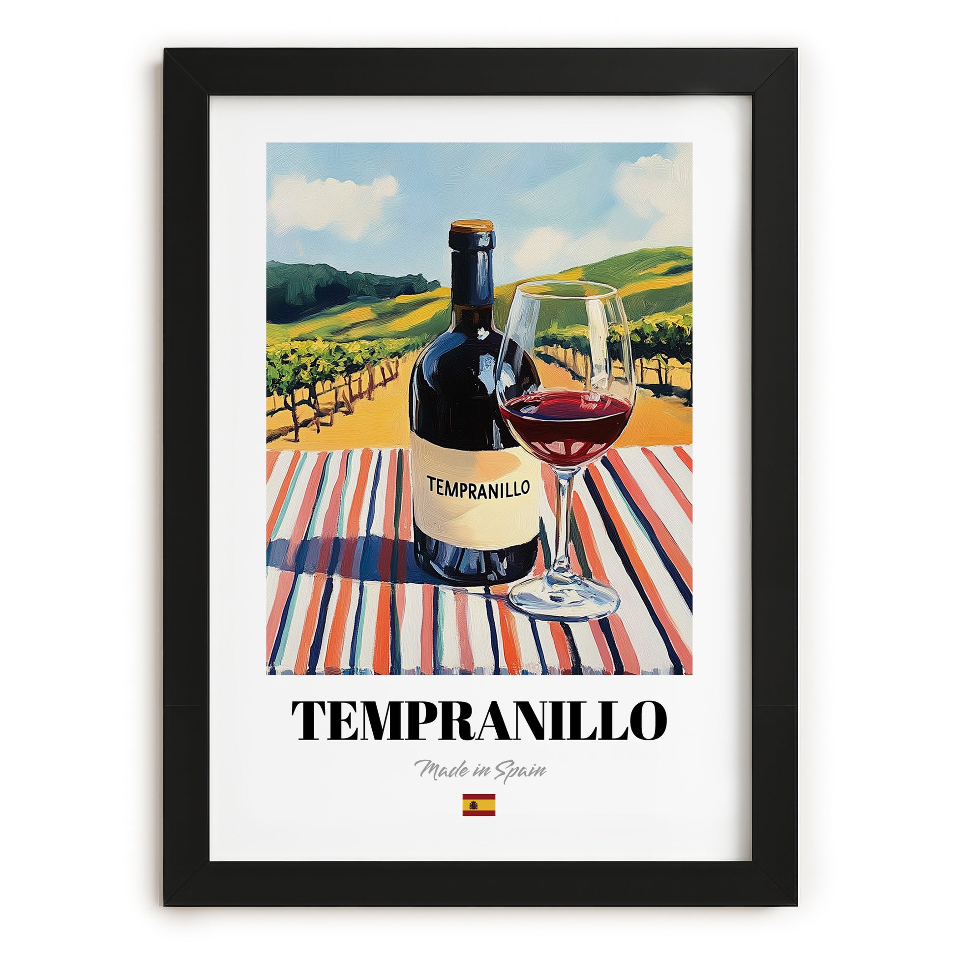 Tempranillo – Spanish Red Wine, Wine Bar Art, in sleek black frame