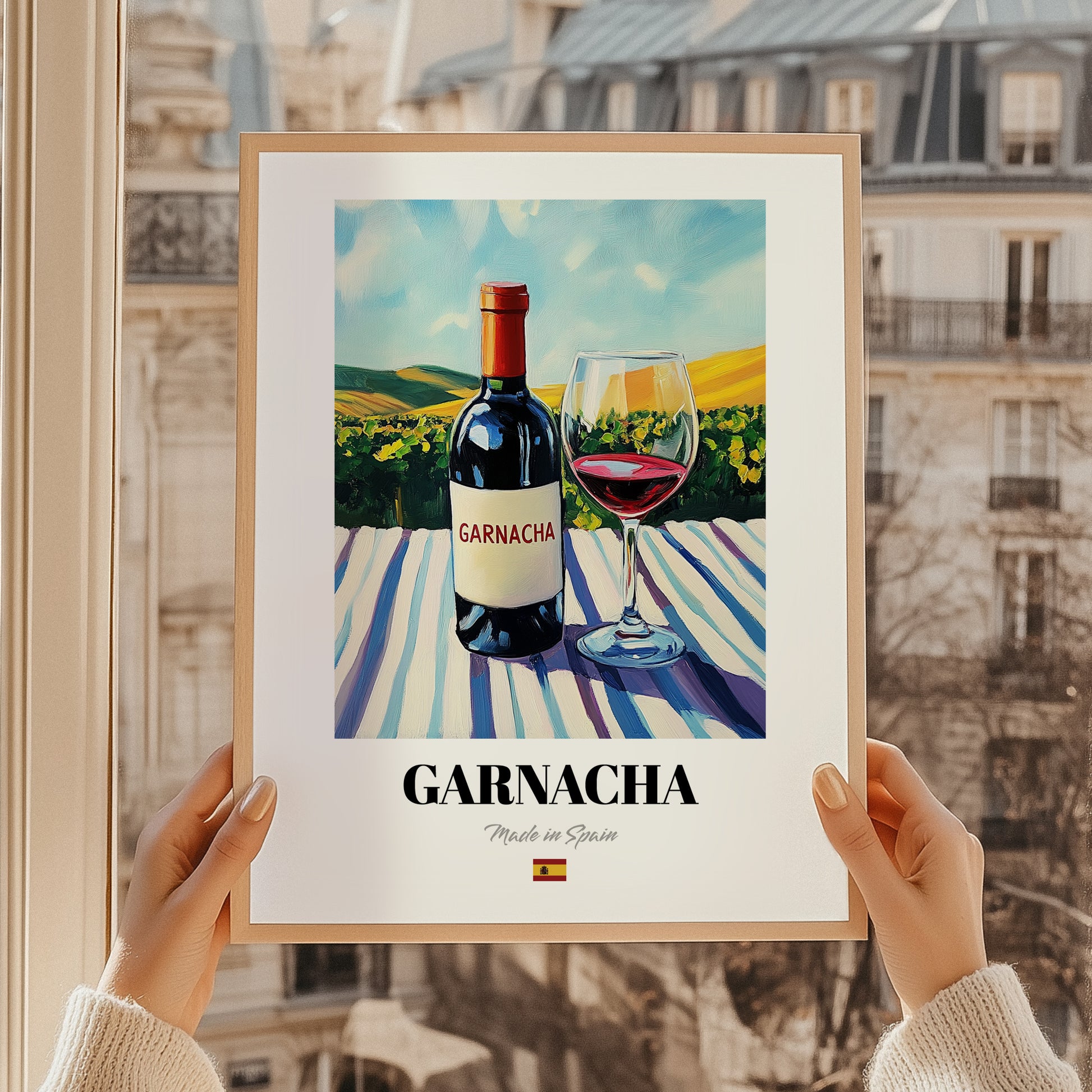 Garnacha – Spanish Red Wine, Bodega Wall Art, styled in a charming Paris street view