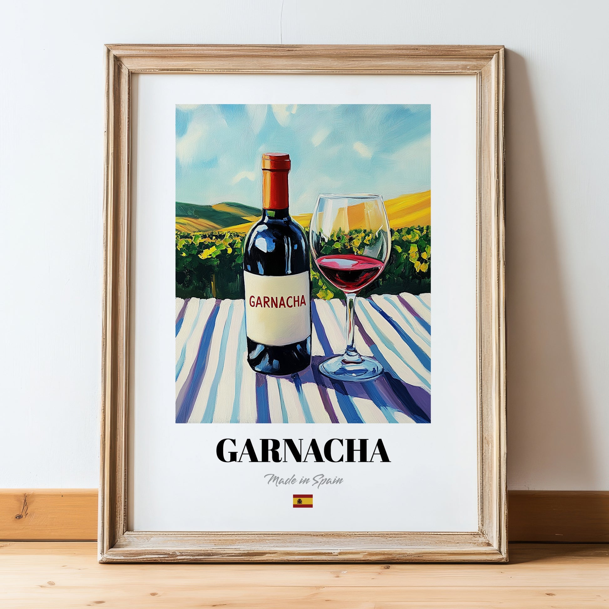 Garnacha – Spanish Red Wine, Bodega Wall Art, in wooden frame leaning on the floor