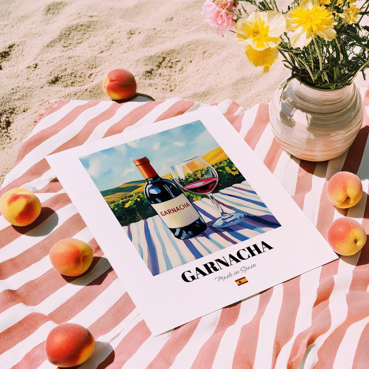 Garnacha – Spanish Red Wine, Bodega Wall Art, unframed on coastal sand