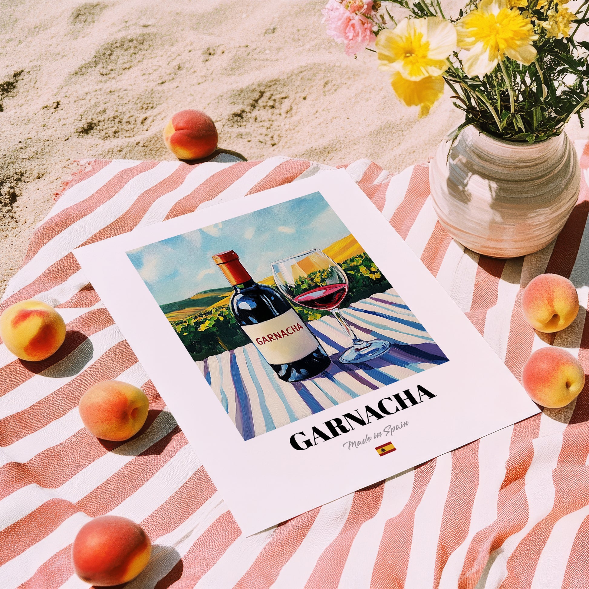 Garnacha – Spanish Red Wine, Bodega Wall Art, unframed on coastal sand