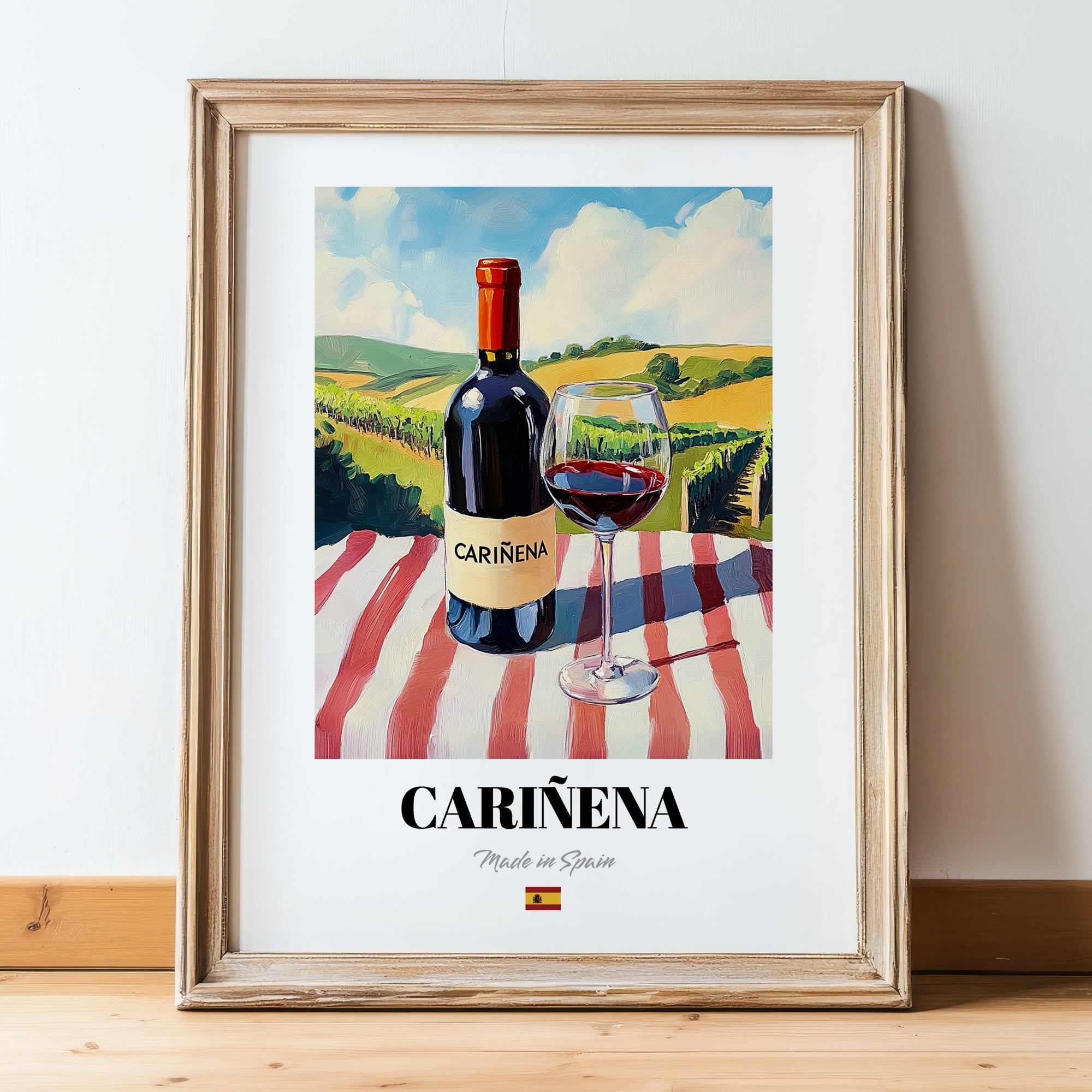 Cariñena – Spanish Red Wine, Vinoteca Poster, in wooden frame leaning on the floor