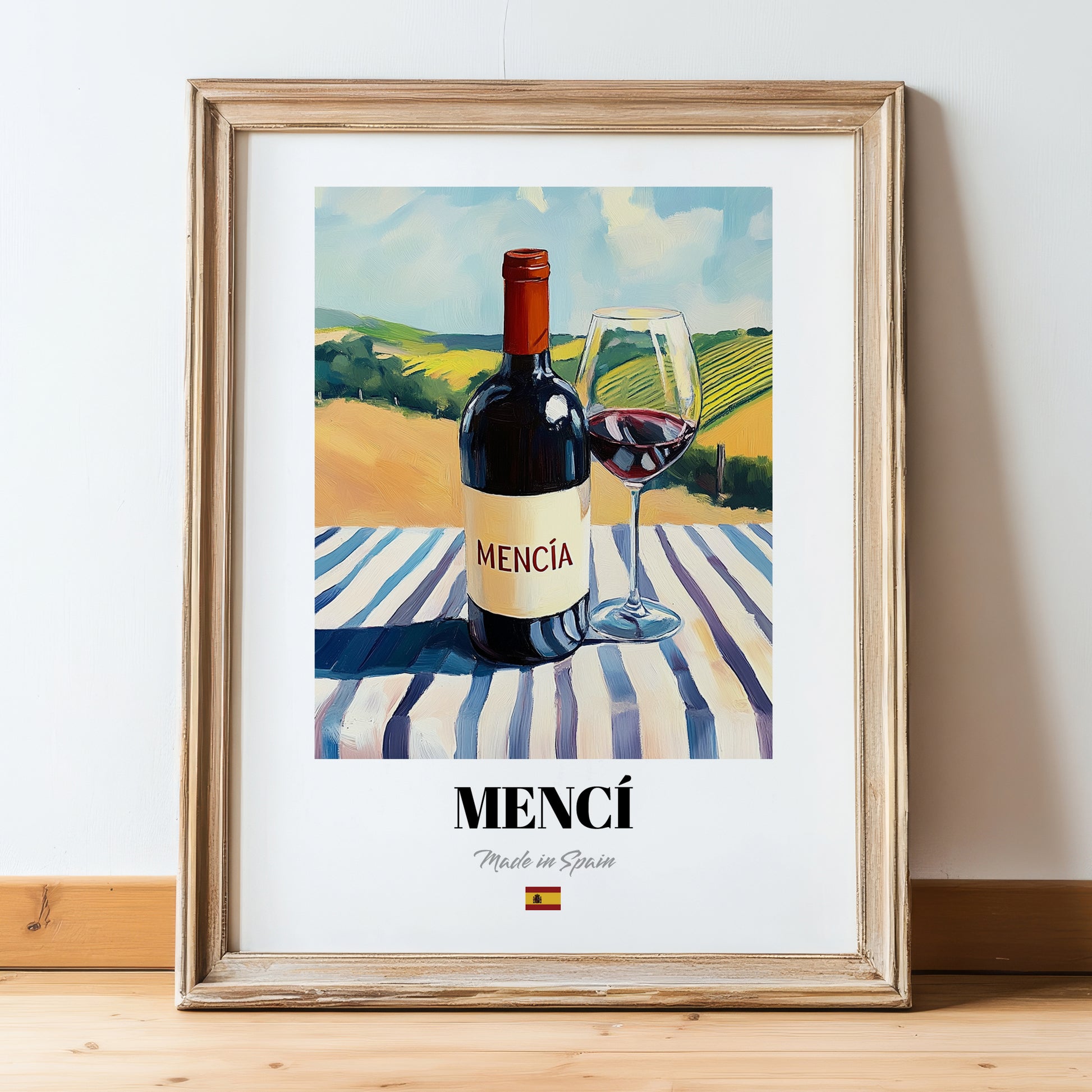 Mencí – Spanish Red Wine, Vinoteca Still Life, in wooden frame leaning on the floor