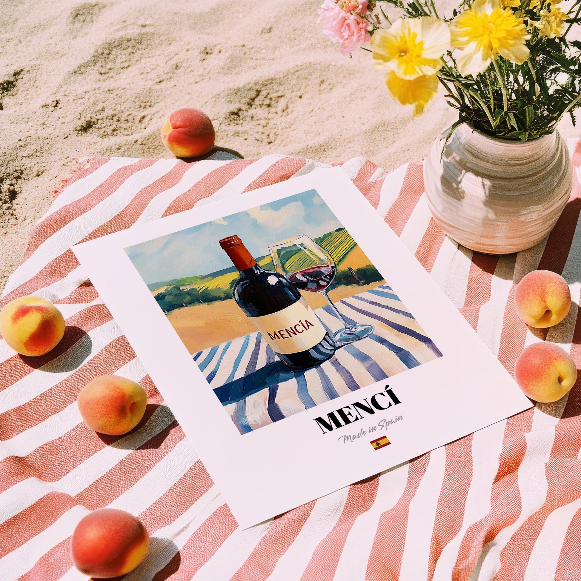 Mencí – Spanish Red Wine, Vinoteca Still Life, unframed on coastal sand