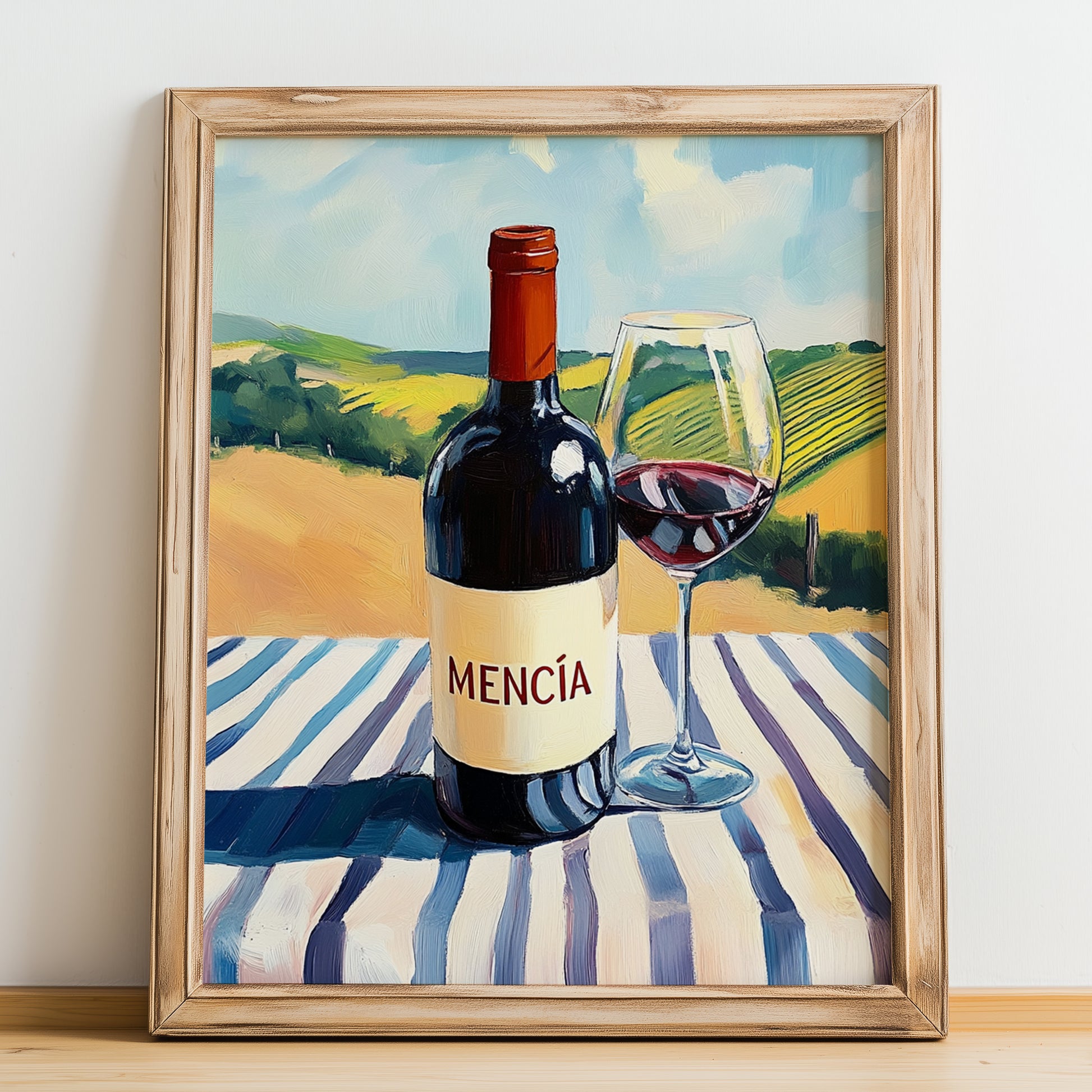Mencí – Spanish Red Wine, Vinoteca Still Life, no-text version framed in wood