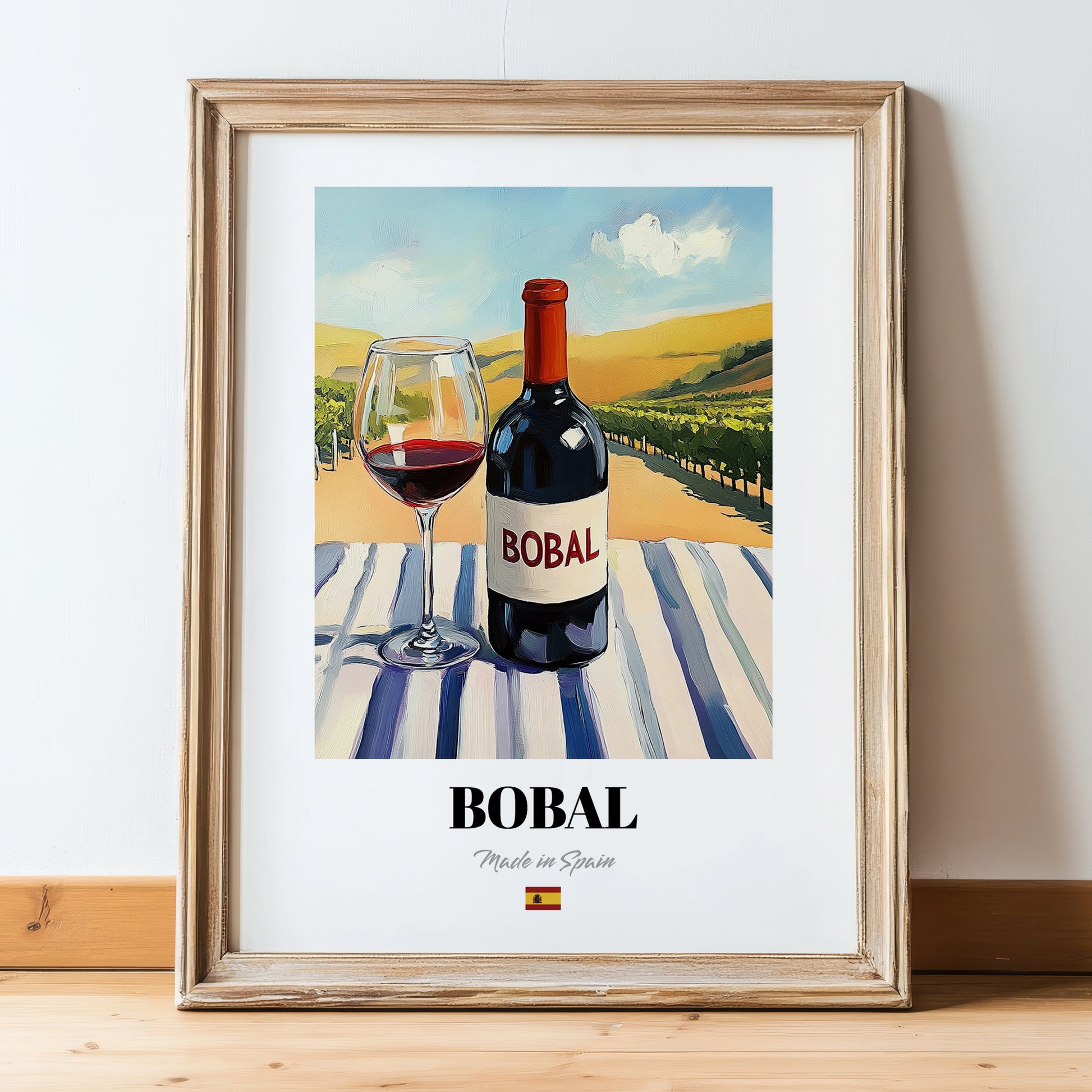 Bobal – Spanish Red Wine, Vinoteca Wall Art, in wooden frame leaning on the floor
