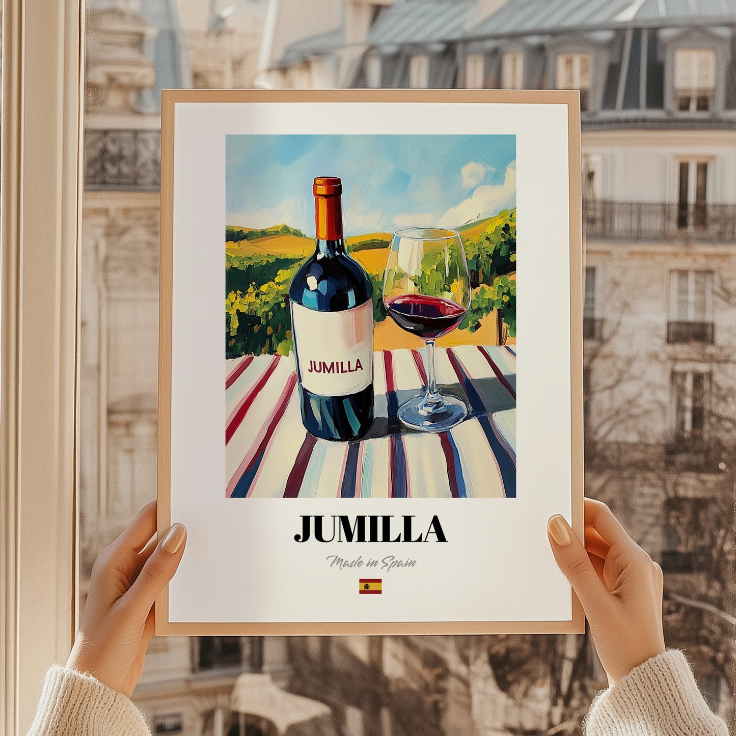 Jumilla – Spanish Red Wine, Wine Bar Poster, styled in a charming Paris street view