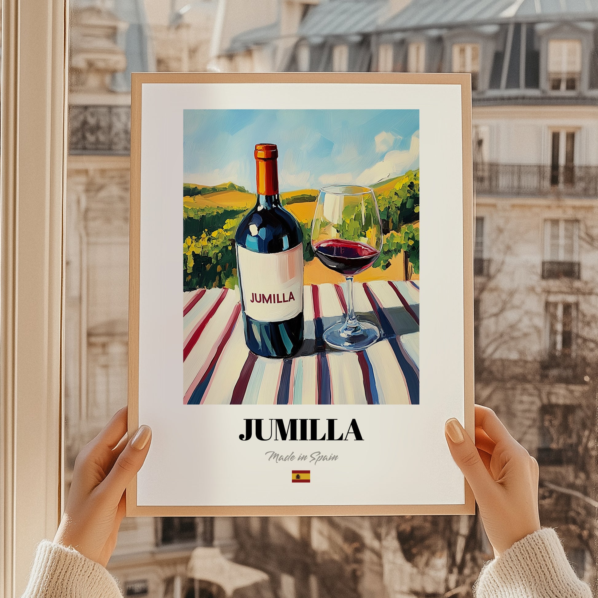 Jumilla – Spanish Red Wine, Wine Bar Poster, styled in a charming Paris street view