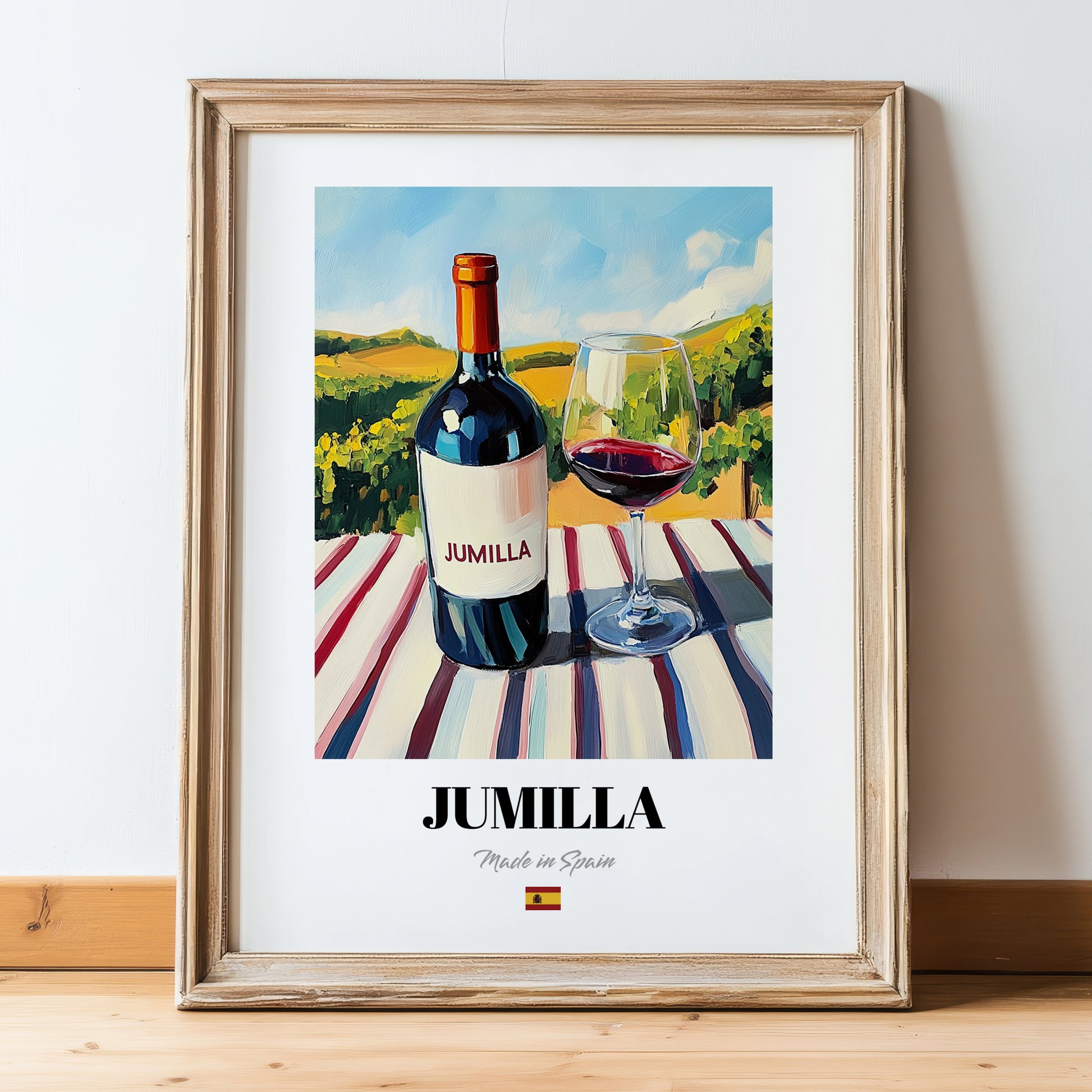 Jumilla – Spanish Red Wine, Wine Bar Poster, in wooden frame leaning on the floor