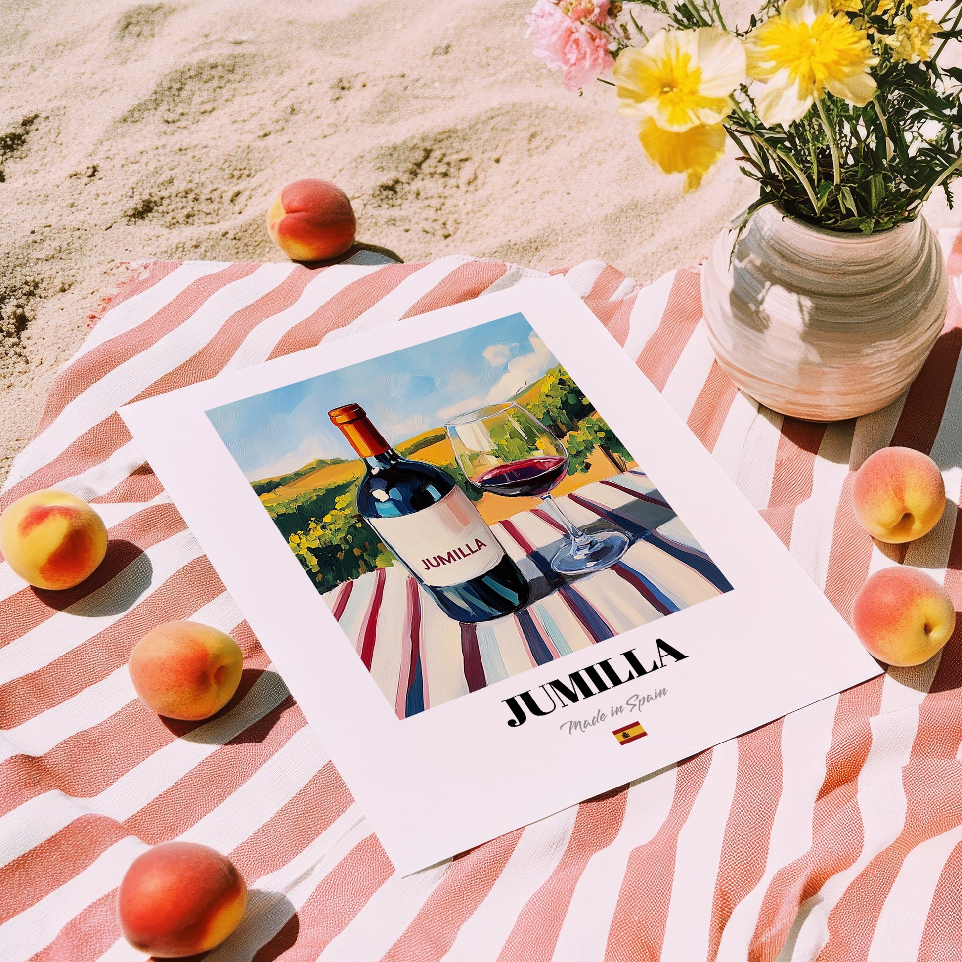 Jumilla – Spanish Red Wine, Wine Bar Poster, unframed on coastal sand