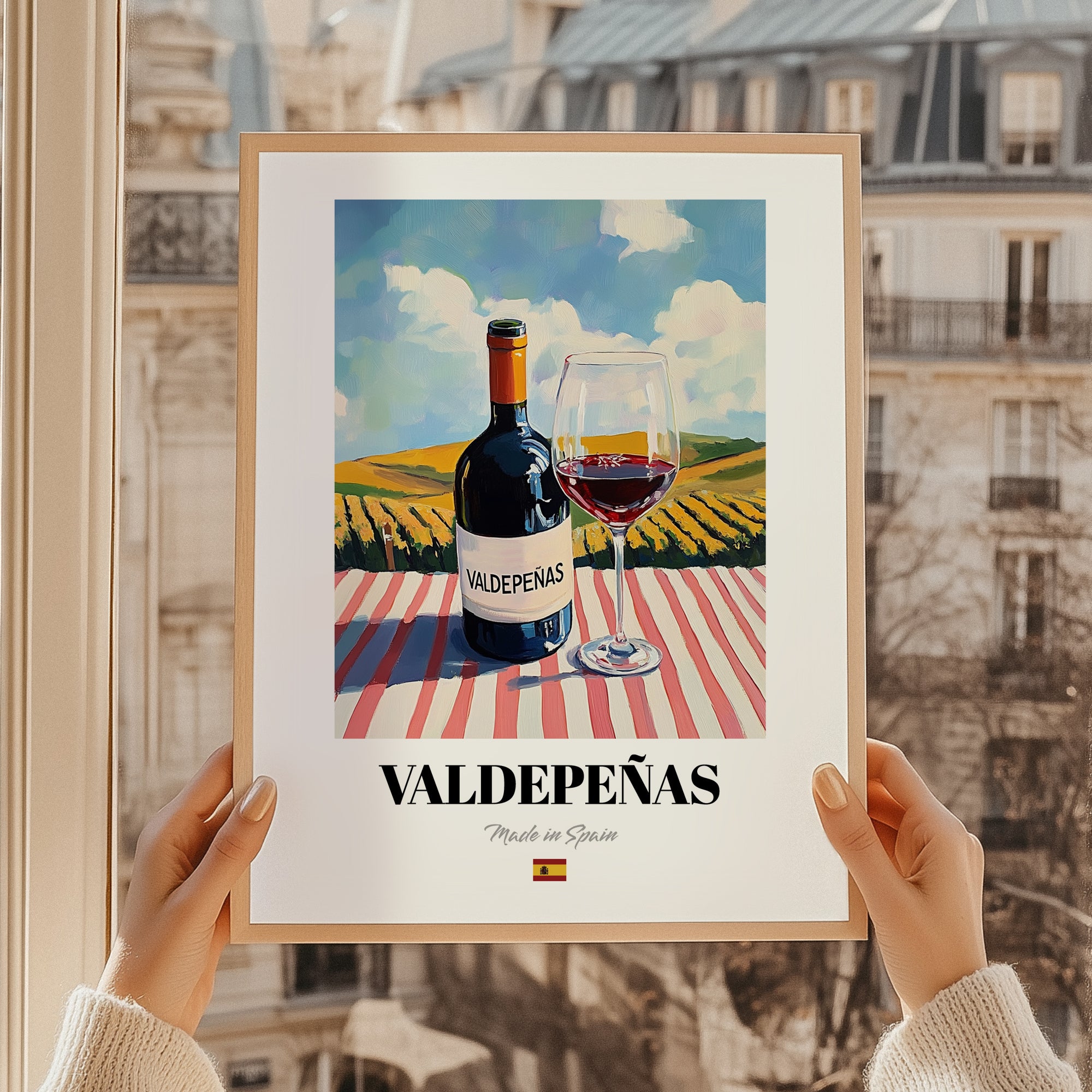 Valdepeñas – Spanish Red Wine, Wine Bar Print, styled in a charming Paris street view