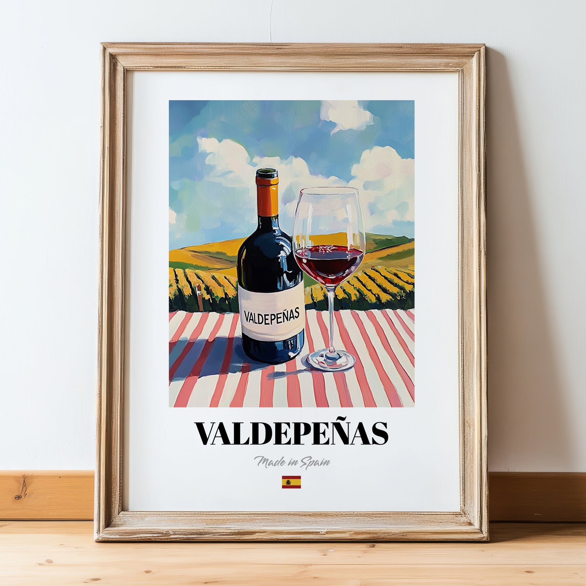 Valdepeñas – Spanish Red Wine, Wine Bar Print, in wooden frame leaning on the floor