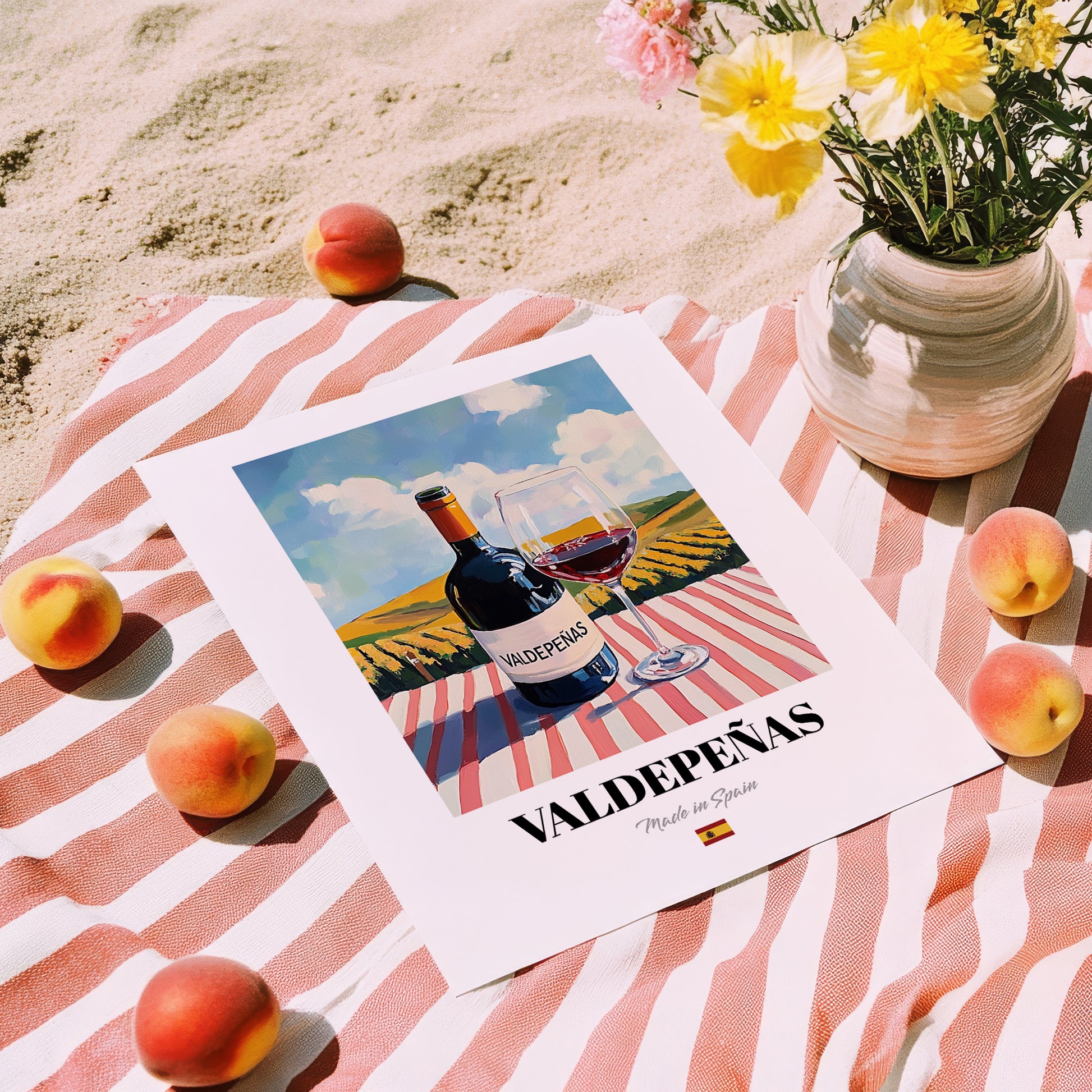 Valdepeñas – Spanish Red Wine, Wine Bar Print, unframed on coastal sand
