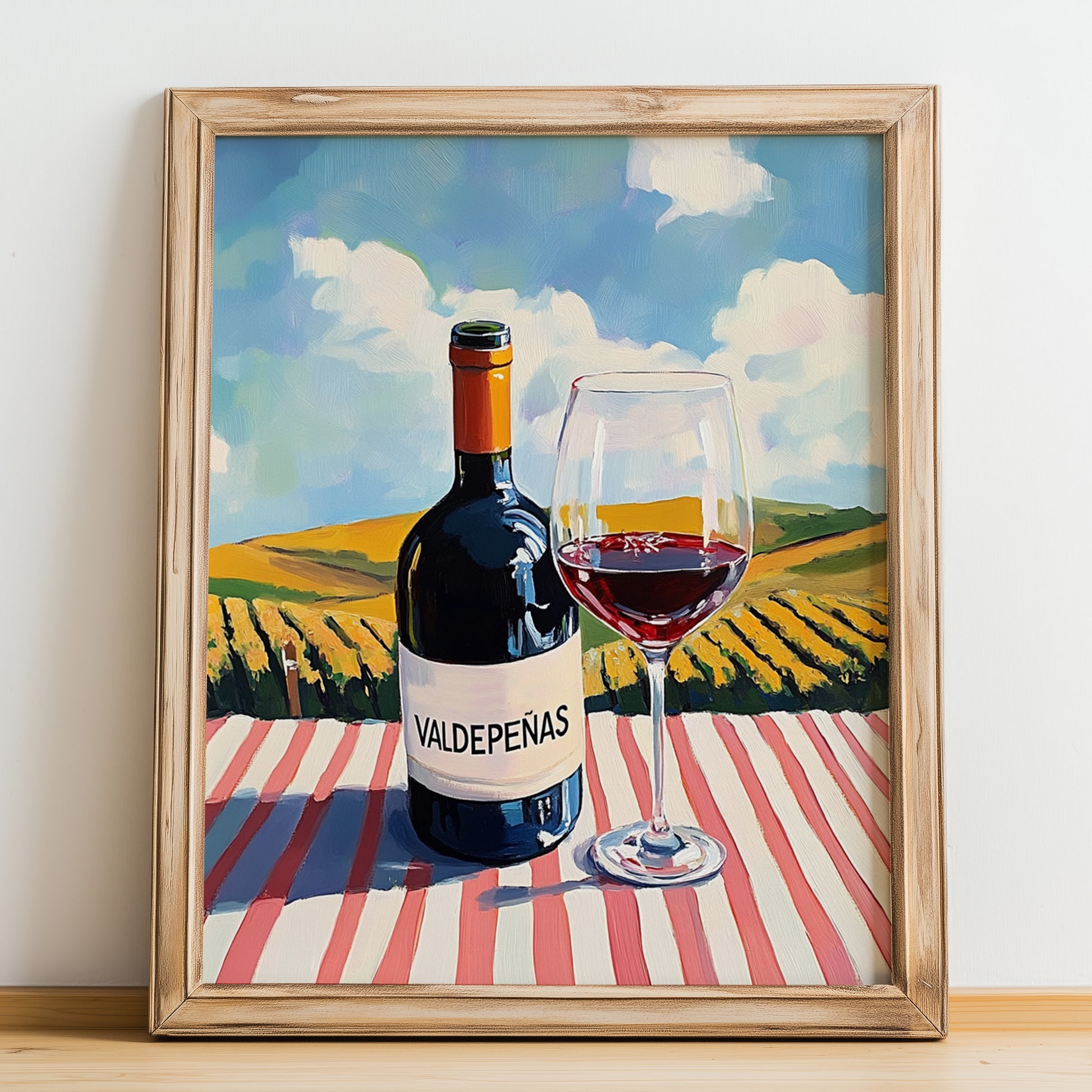 Valdepeñas – Spanish Red Wine, Wine Bar Print, no-text version framed in wood