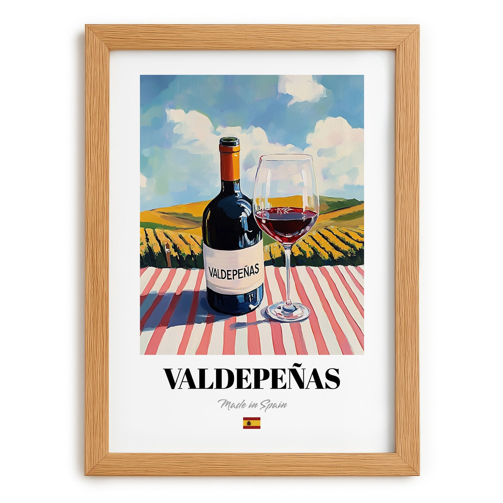 Valdepeñas – Spanish Red Wine, Wine Bar Print, set in oak frame