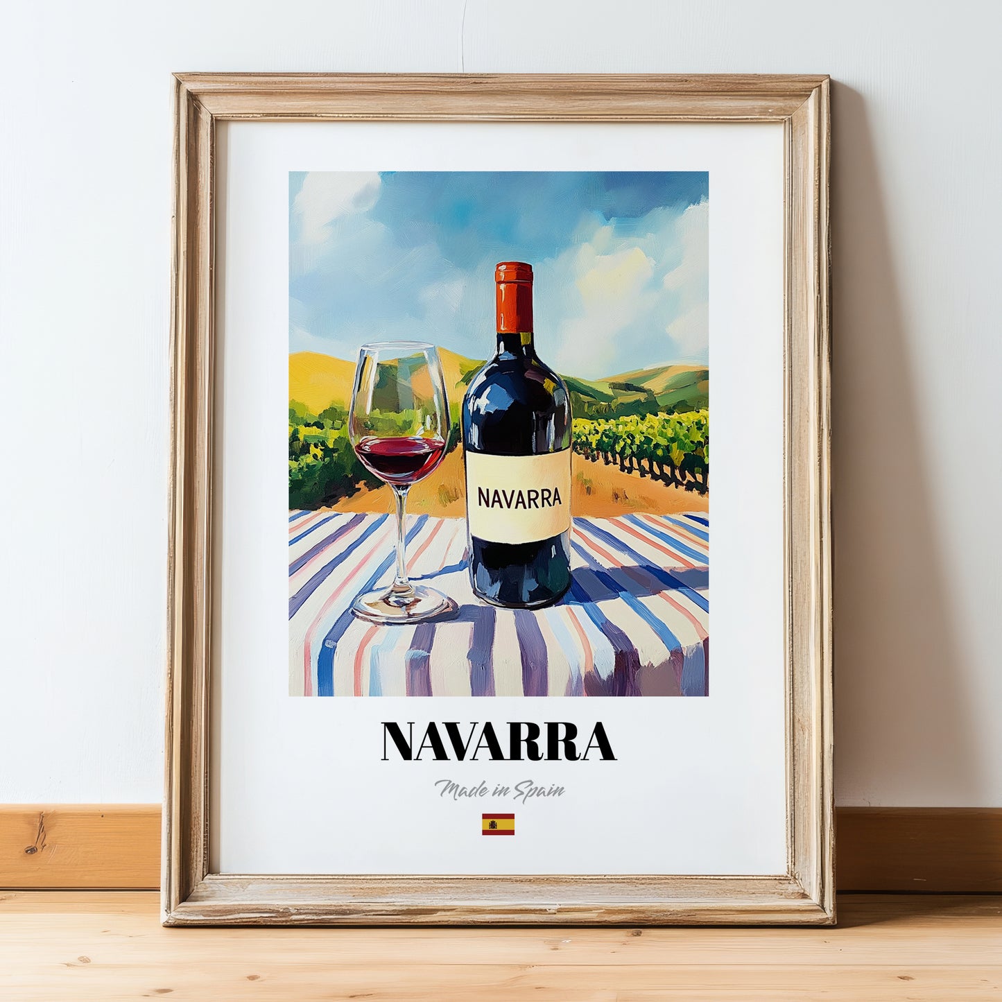 Navarra – Spanish Red Wine, Wine Bar Art, in wooden frame leaning on the floor