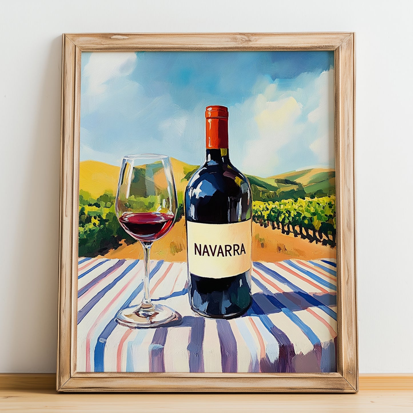Navarra – Spanish Red Wine, Wine Bar Art, no-text version framed in wood