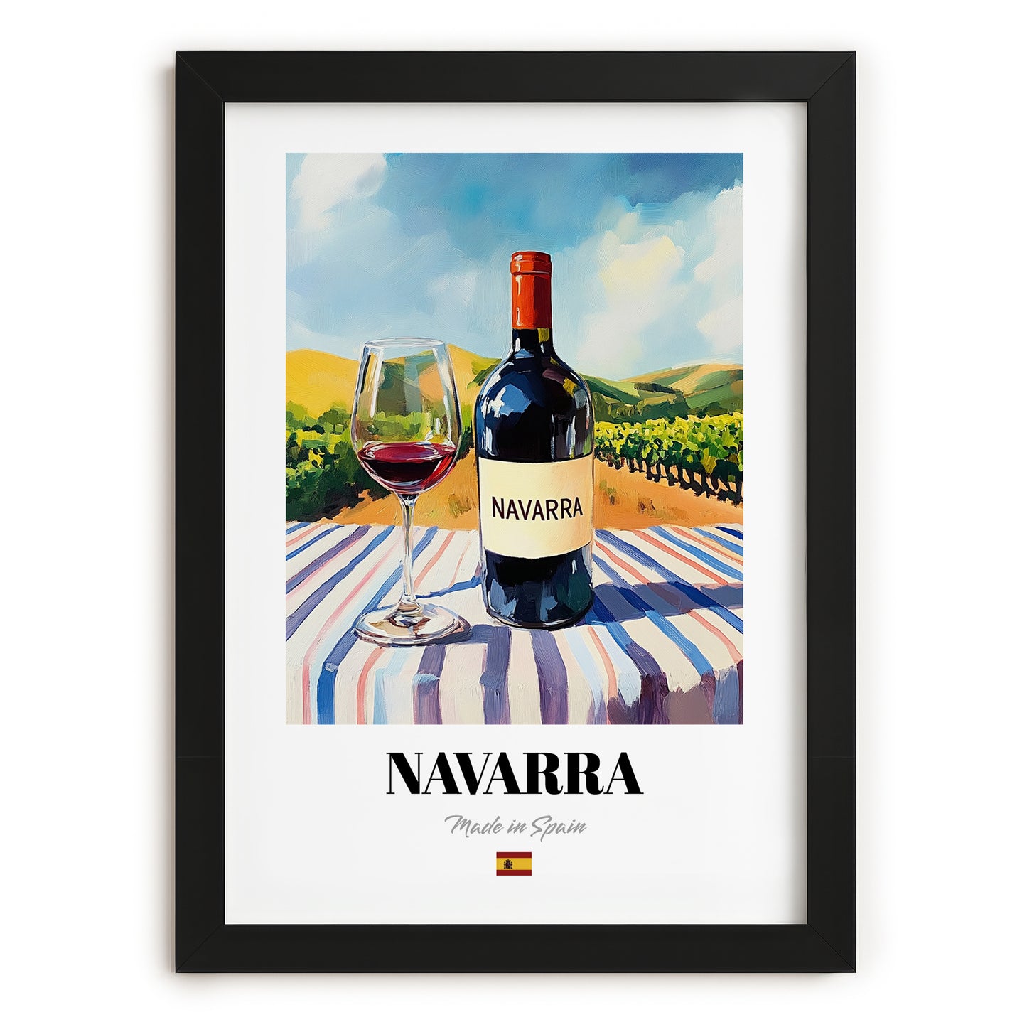 Navarra – Spanish Red Wine, Wine Bar Art, in sleek black frame