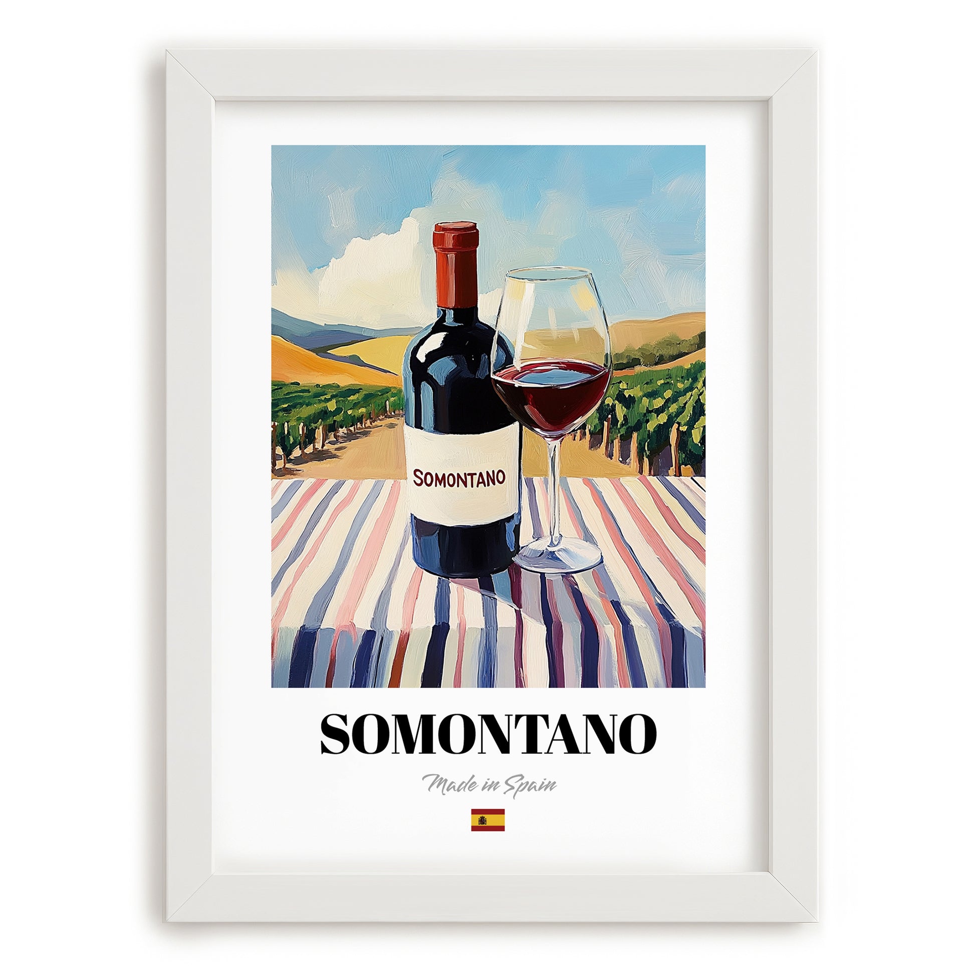Somontano – Spanish Red Wine, Vineyard Terrace Poster, placed in minimal white frame