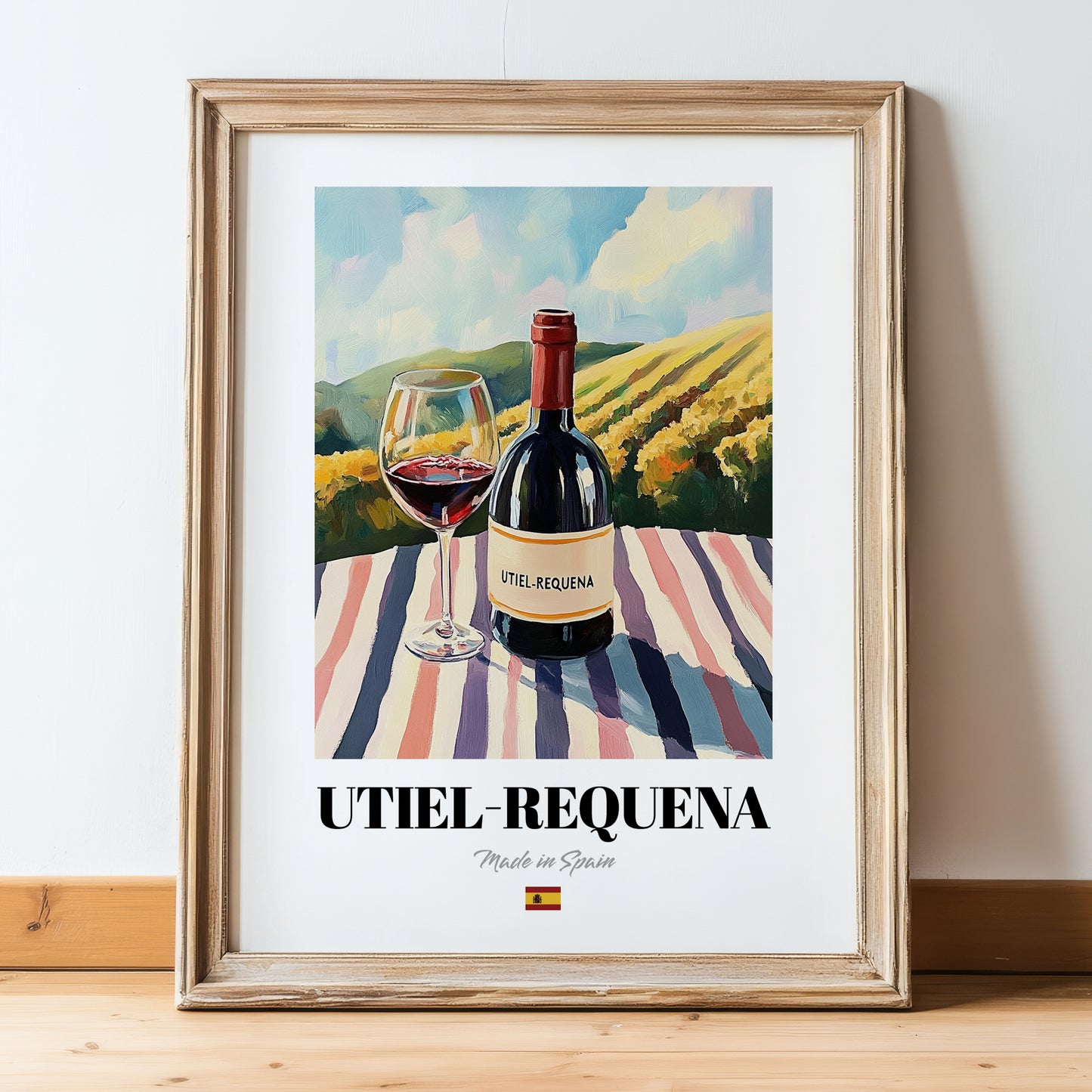 Utiel-Requena – Spanish Red Wine, Wine Bar Still Life, in wooden frame leaning on the floor
