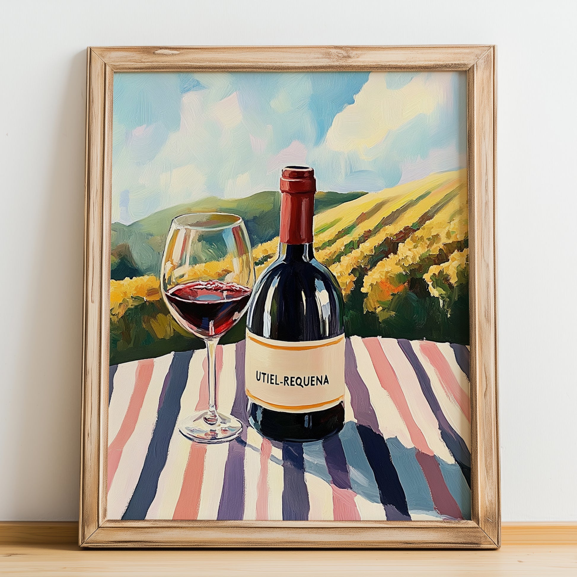 Utiel-Requena – Spanish Red Wine, Wine Bar Still Life, no-text version framed in wood