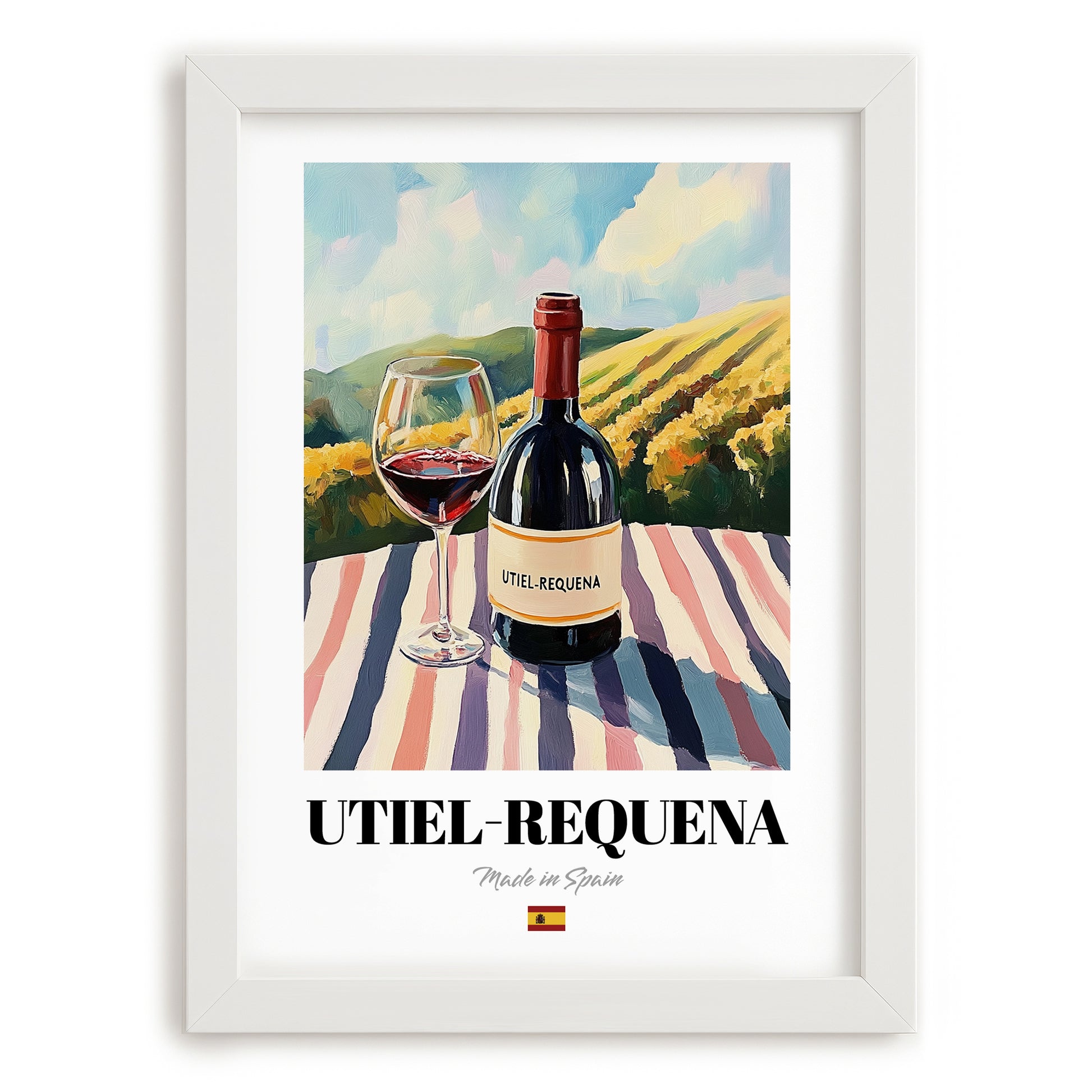 Utiel-Requena – Spanish Red Wine, Wine Bar Still Life, placed in minimal white frame